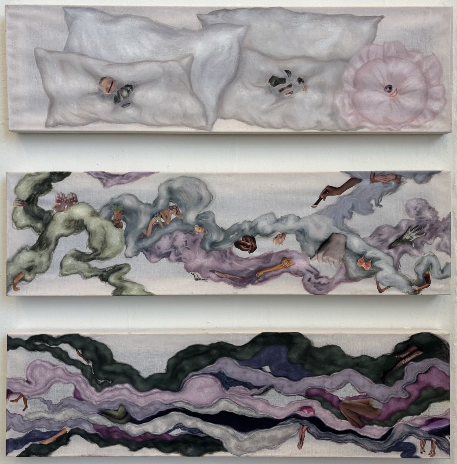 Three-canvas painting of pillows, abstracted blankets and mattresses with collage figures.