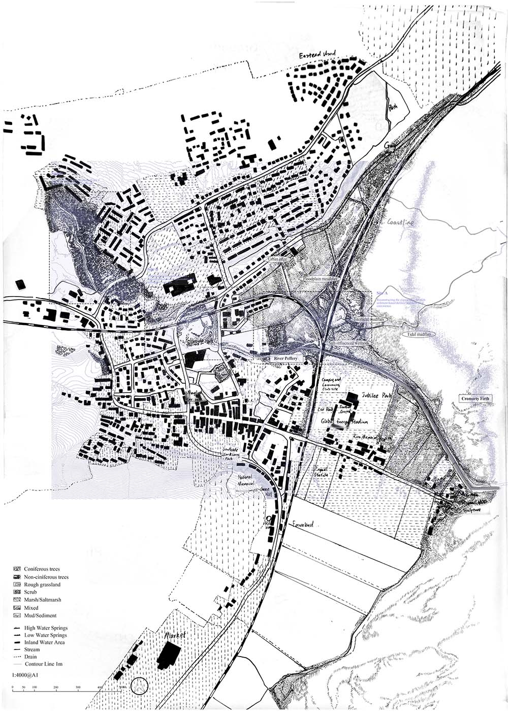 This project investigates Dingwall as a low-lying estuarine landscape shaped by the interaction of tidal water, river flow, and surface runoff. 