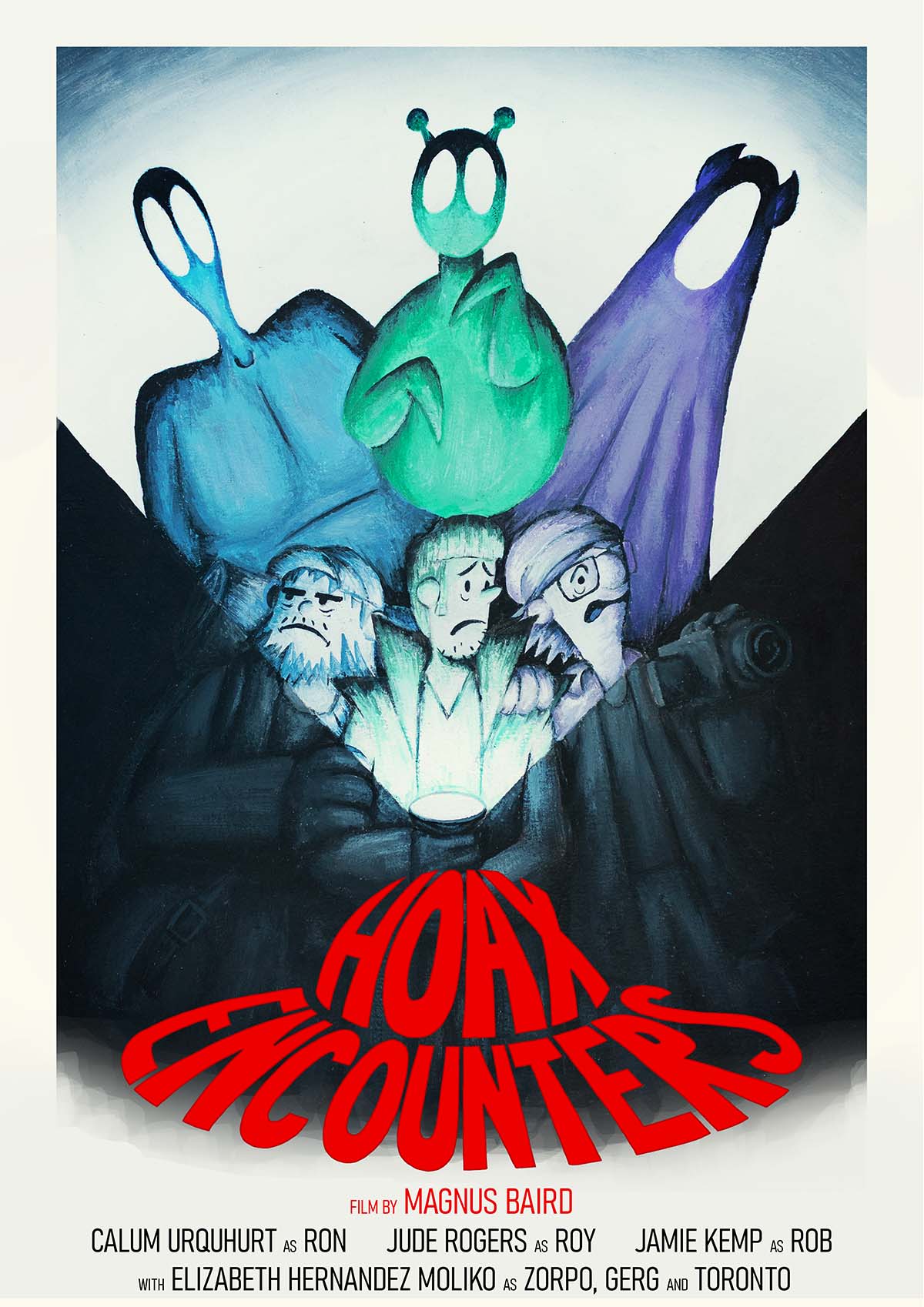 A poster for the animated short film 'Hoax Encounters', showing 3 frightened hikers, and 3 ominous aliens