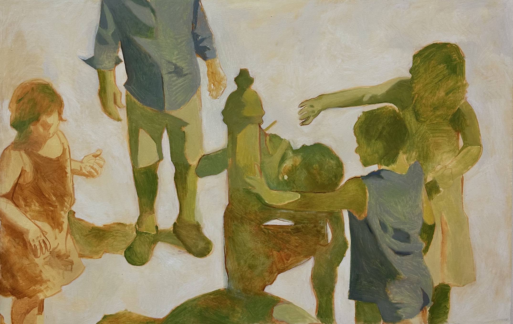 Oil painting of a group of children standing in a circle around a water fountain. An adult figure stands in the background, his face obscured. 