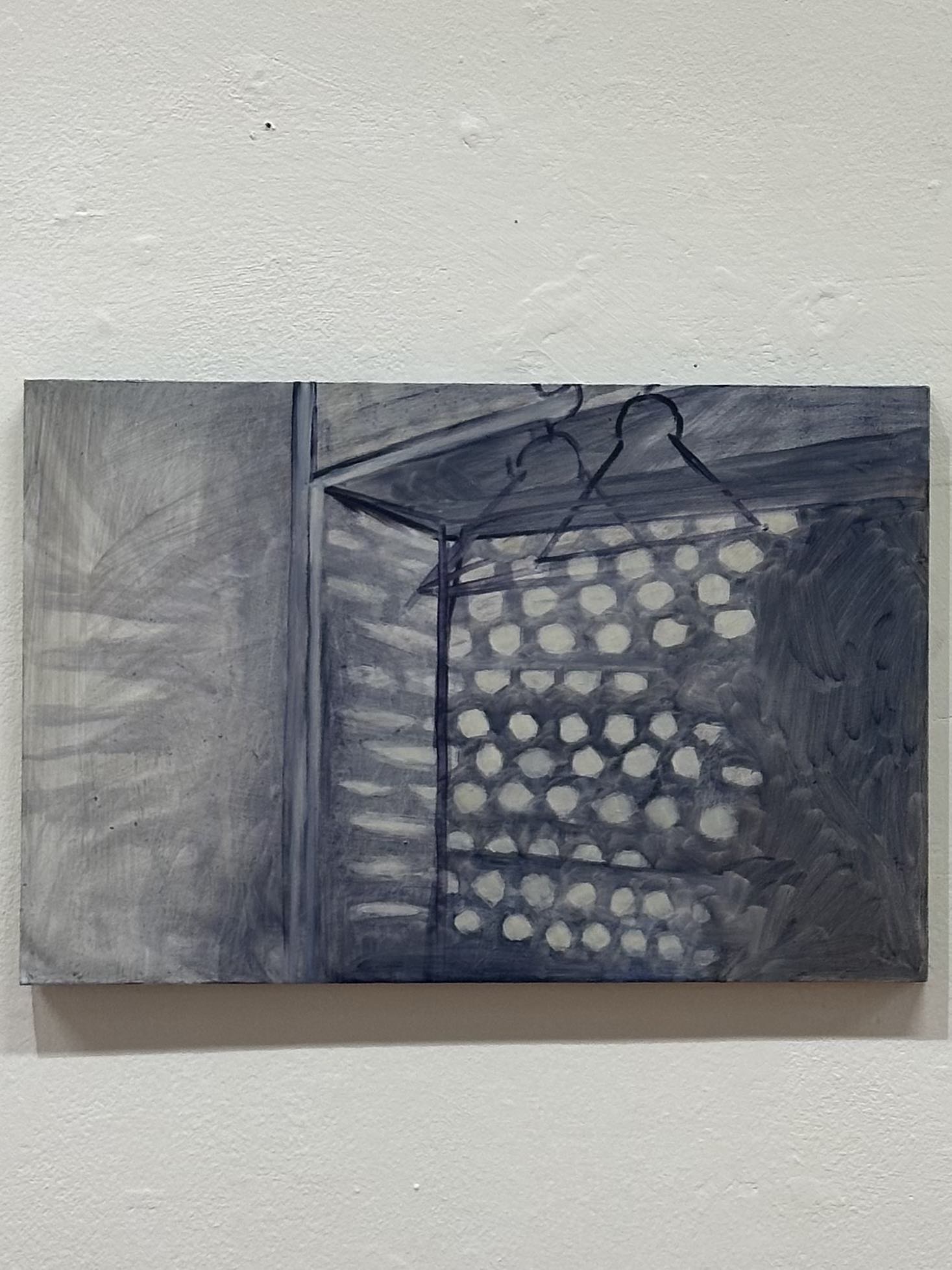 Oil painting of what seems to be the inside of a cupboard. Light from the blinds comes through onto the walls.