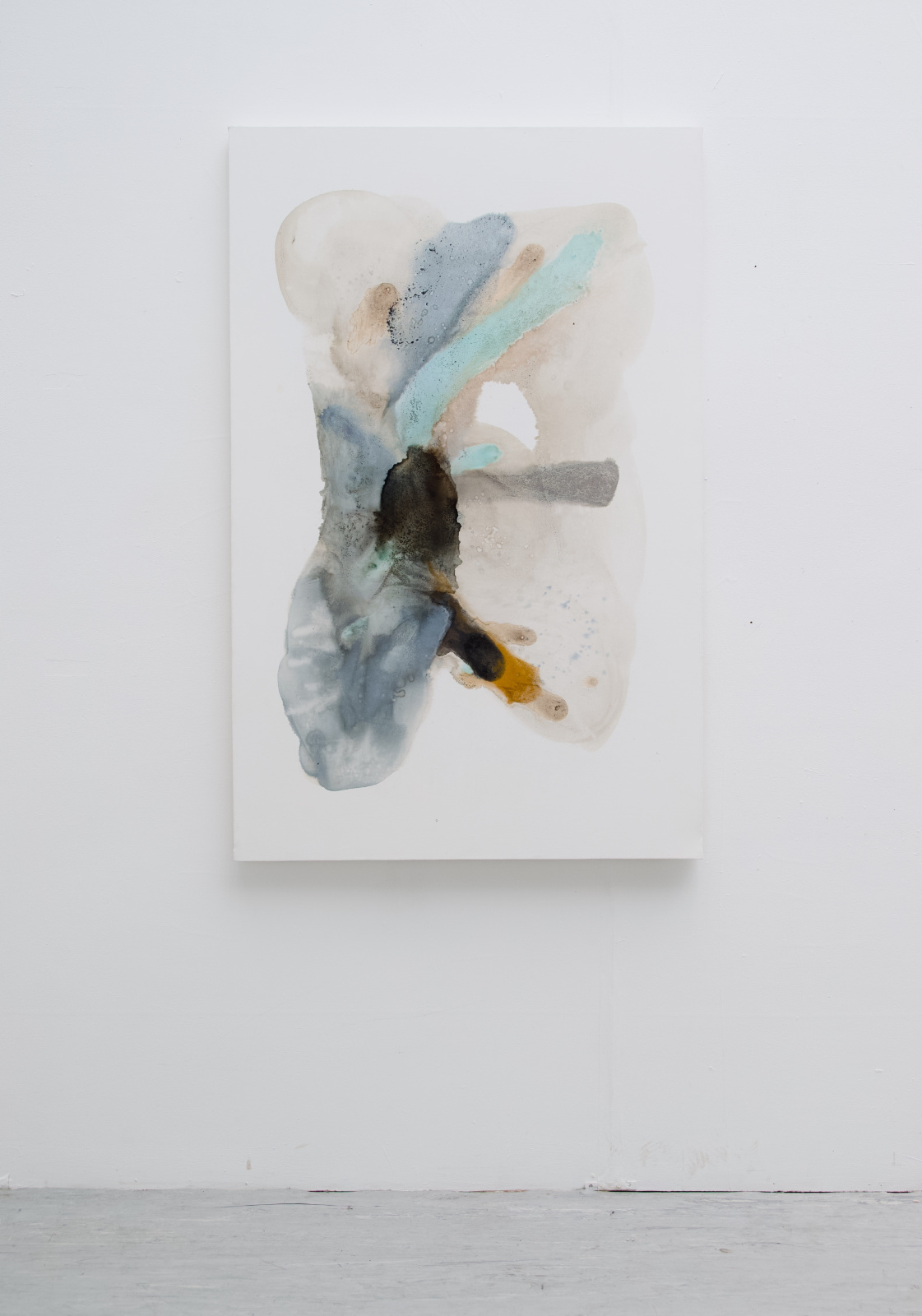 A 130 × 90 cm landscape canvas made with natural inks. Seven soft, rounded forms overlap across the white surface, with colours ranging from pale blue and green to rust orange, ochre, grey, and dark brown. The inks bleed into one another, leaving stains, tide marks, sedimented areas, and darker crystallised edges.