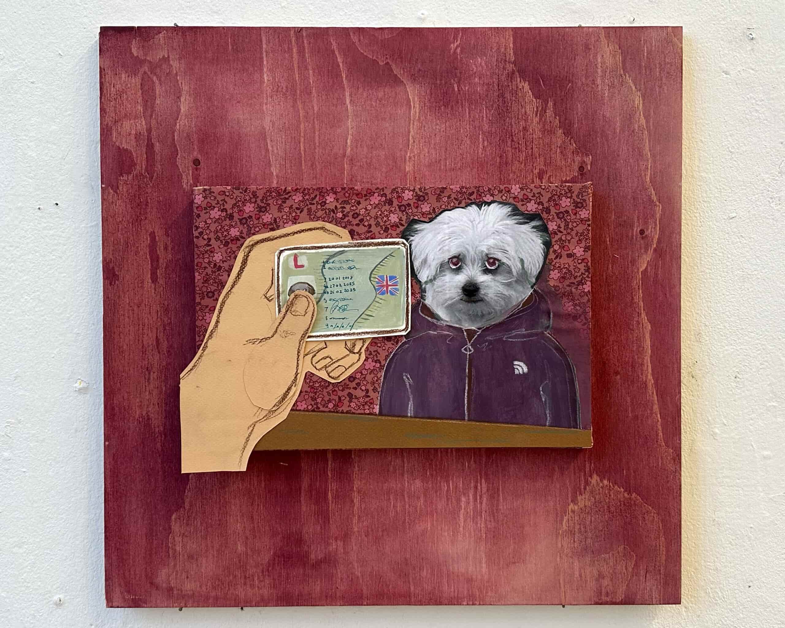 Painting of a dog being ID checked