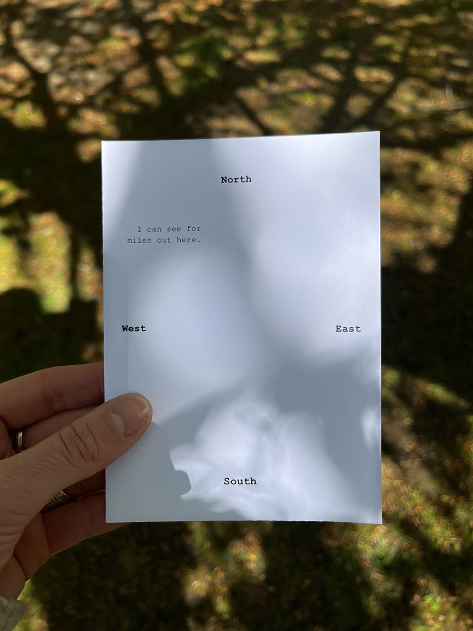 Photograph of a poem print reading 'North, East, South, I can see for miles out here, West.'
