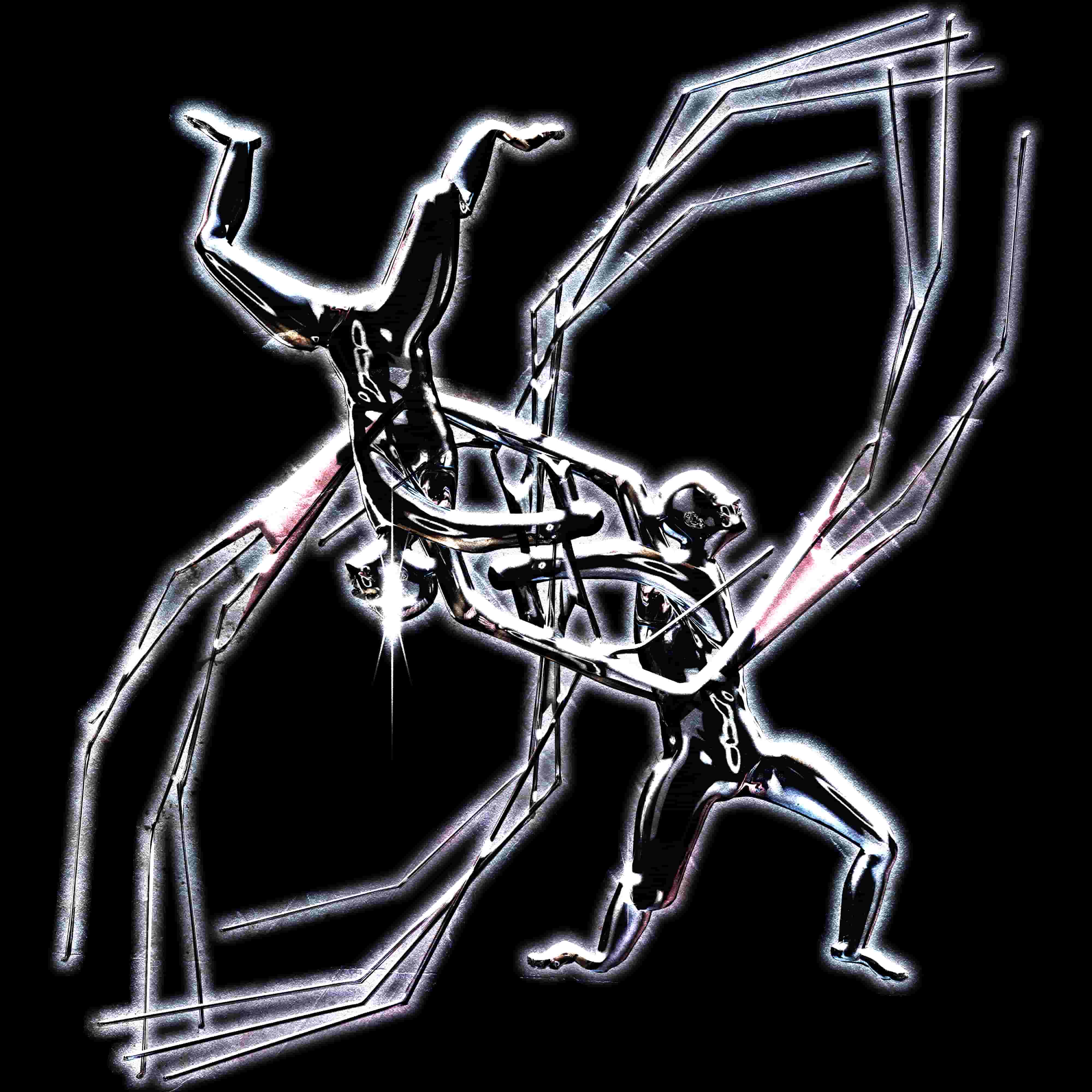 two people made of metal with very long fingers, overlapped creating a symmetrical composition