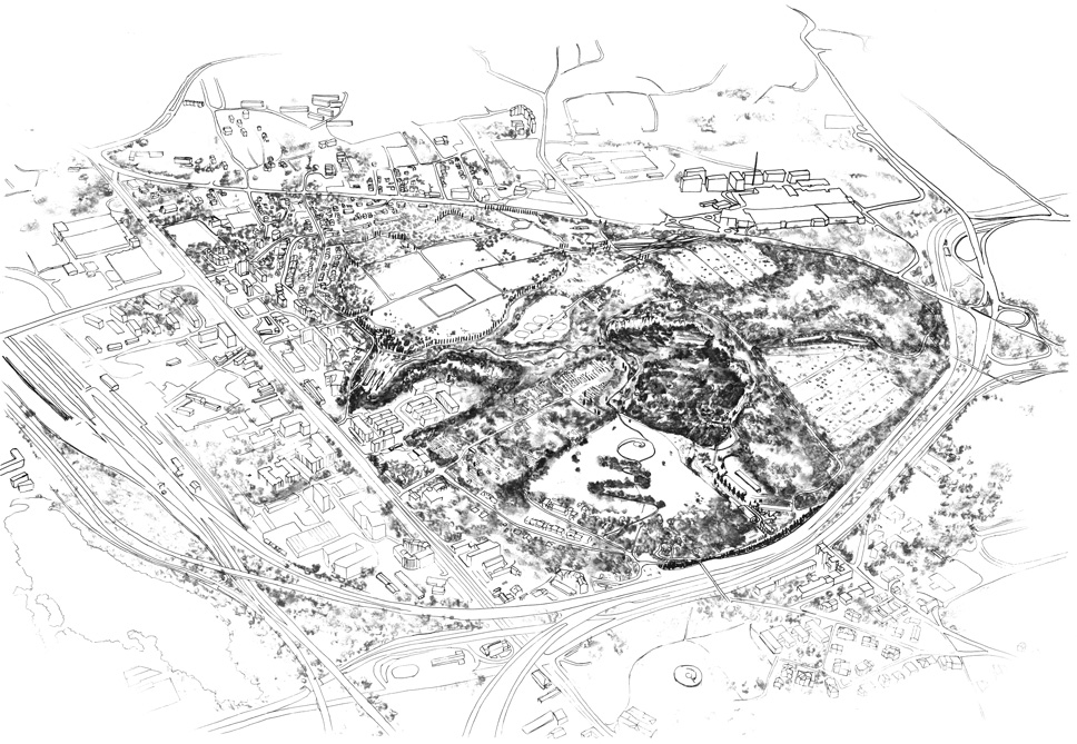Hand drawn isometric masterplan of the site of Krzemionki, Krakow Poland
