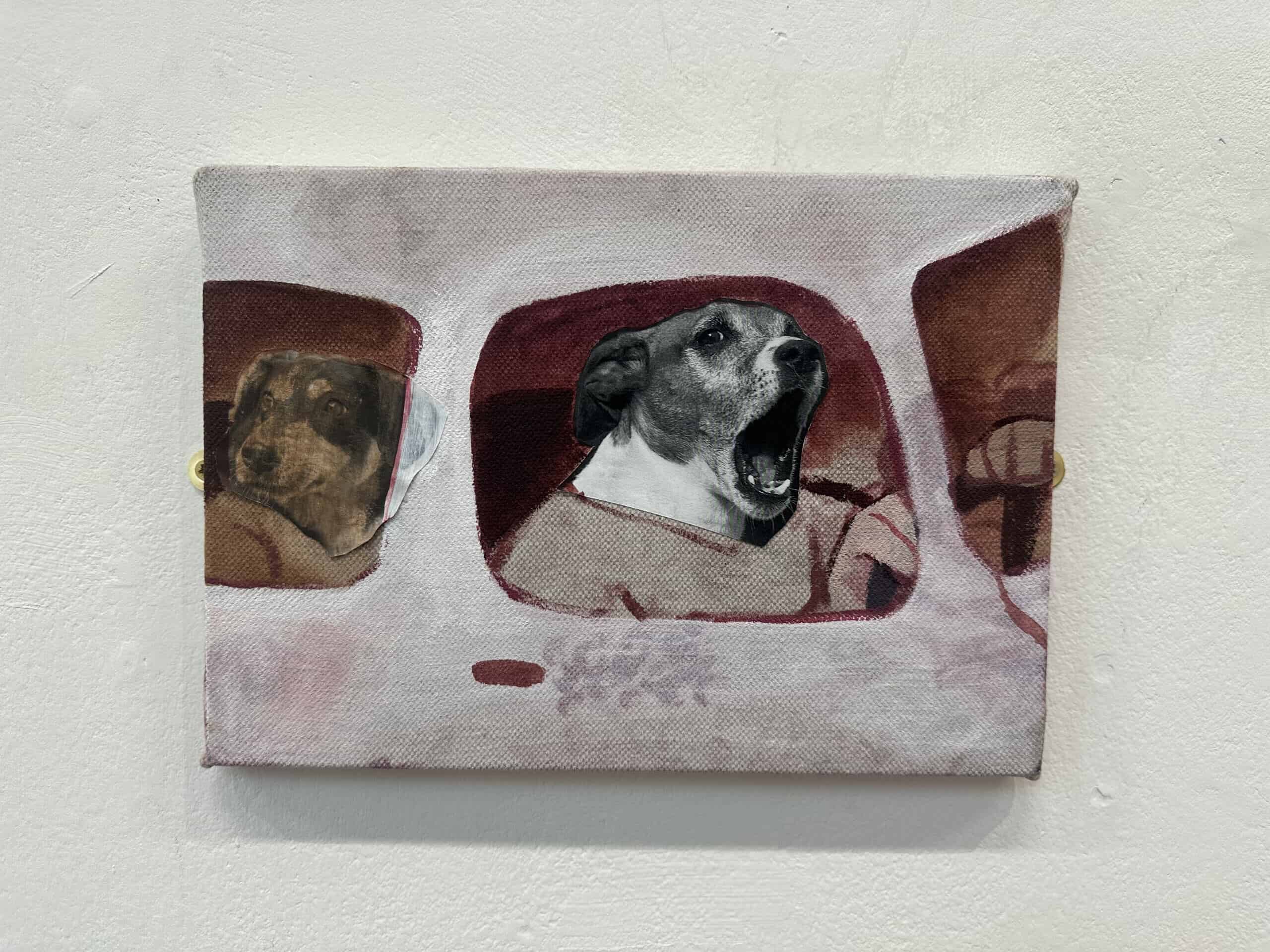 Mixed media collage and painting piece. Two dogs in a car, one is shouting out the window.