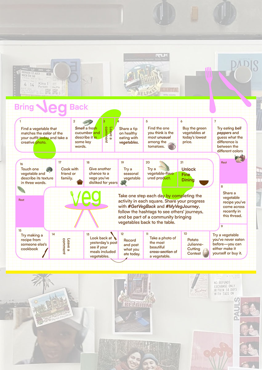 An interactive campaign board for the Bring Veg Back project, featuring a 21-day journey of daily vegetable-related activities displayed on a refrigerator.