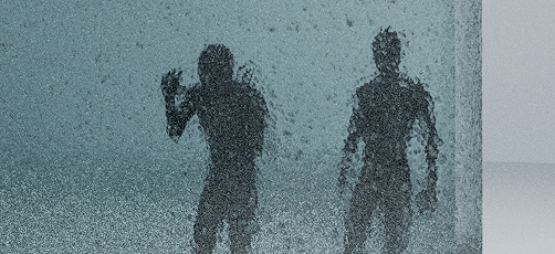 Close-up of two large human figures seen through frosted glass, one with a raised hand.
