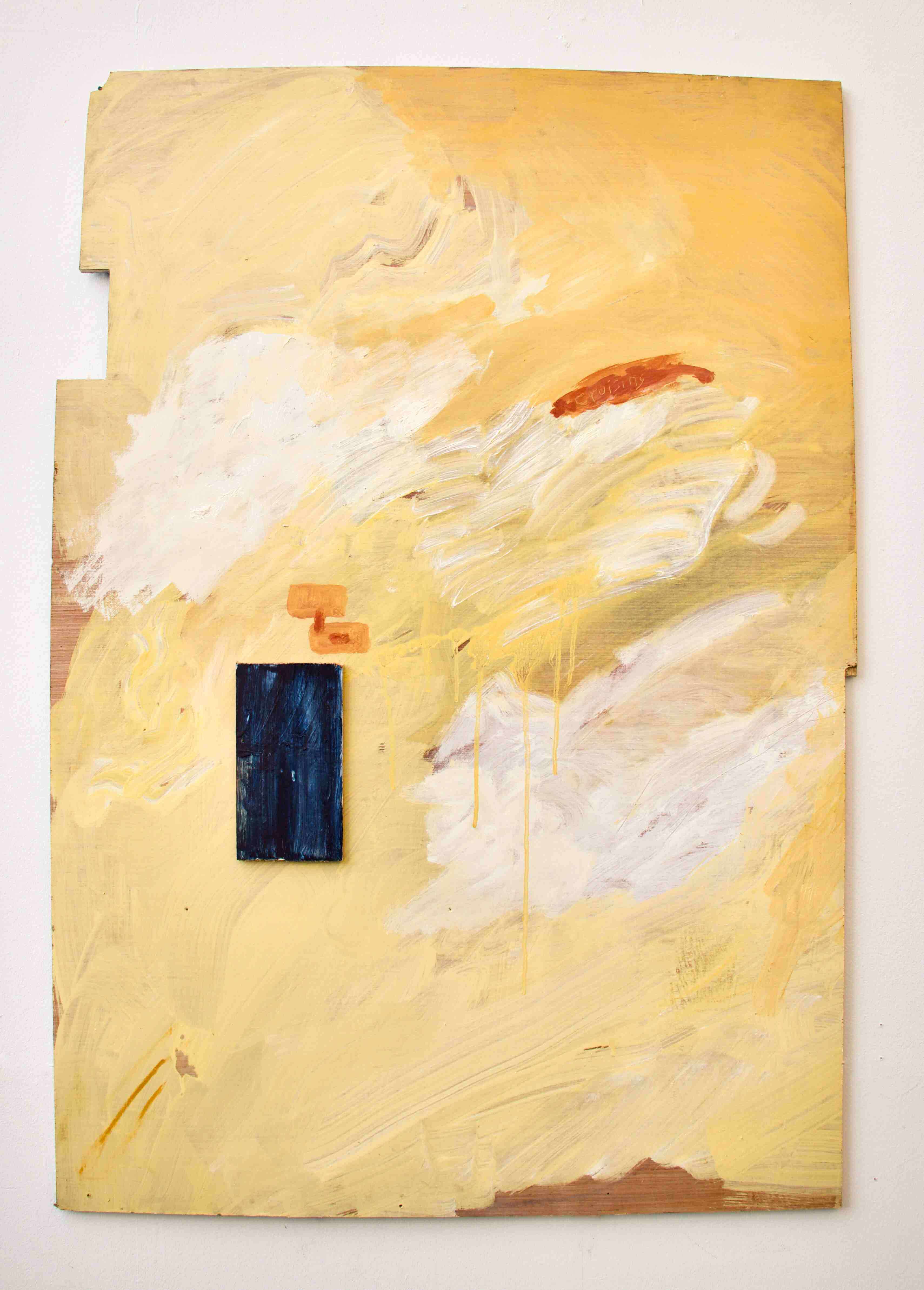 Large yellow painting with blue block. The word 'Cruising' is scratched into a red dash of paint