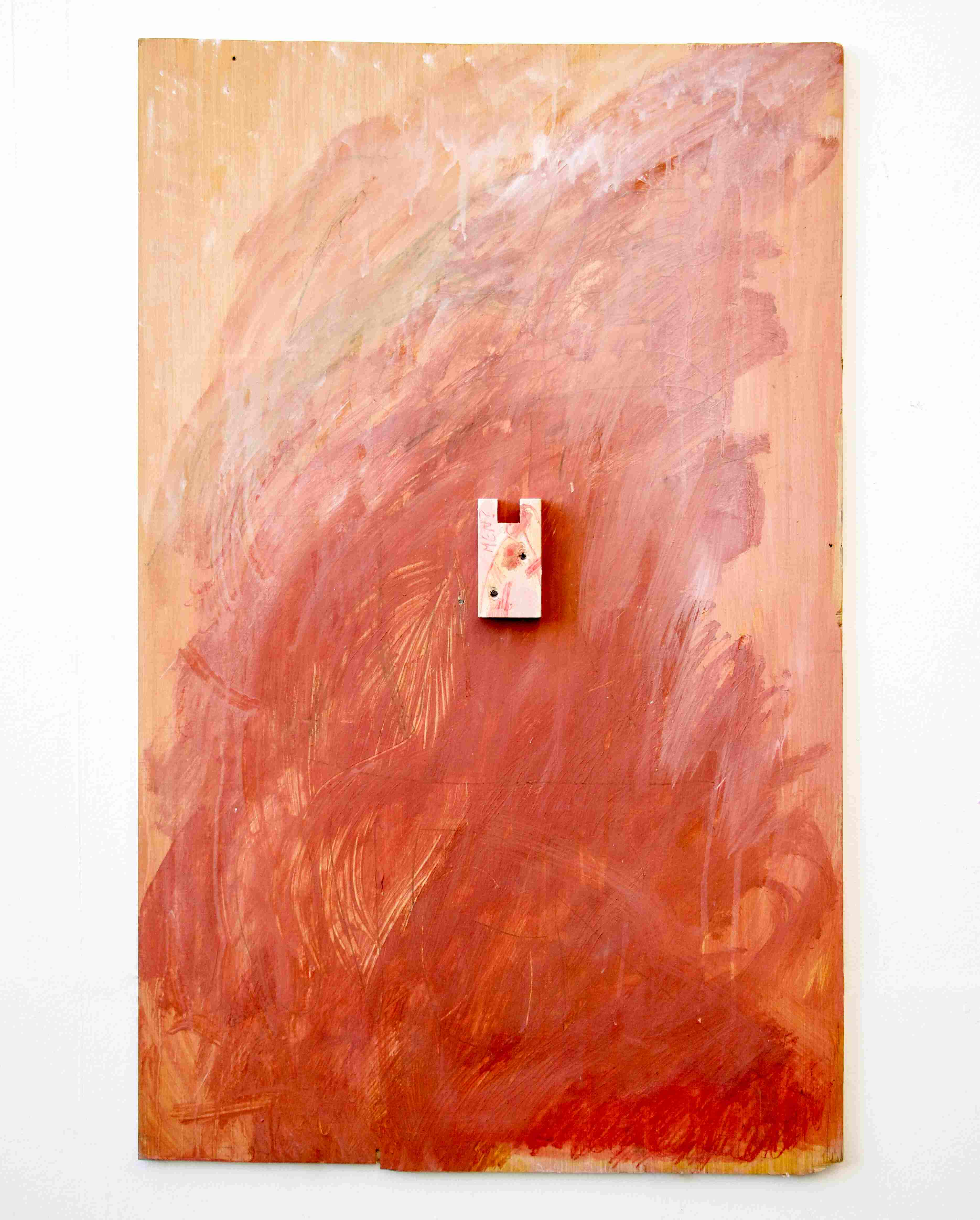 Red painting on wood with small piece of wood in the middle