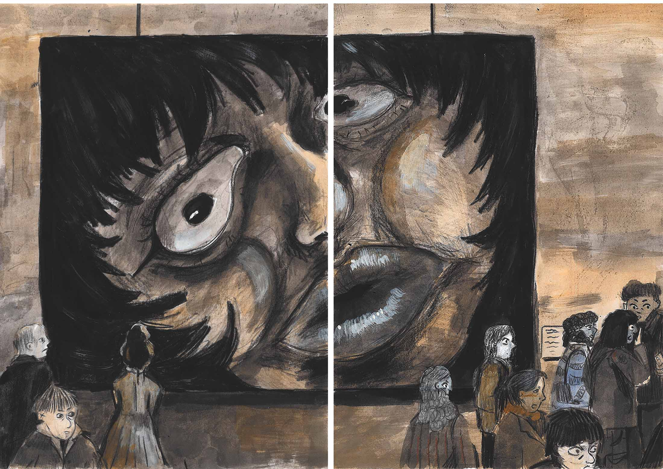 "Myriam" is my graphic novel-in-progress, following a young painter, Myriam.  Upon the opening of her first solo exhibition, young artist Myriam watches in dread as a woman drops dead beneath a painting that looks errily like her. As coincidences pile up, Myriam is forced to confront the possibility that her beloved art may be the cause.