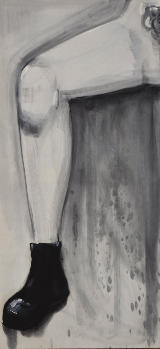 a painting of a left leg with pubes visible in the top corner, manspreading