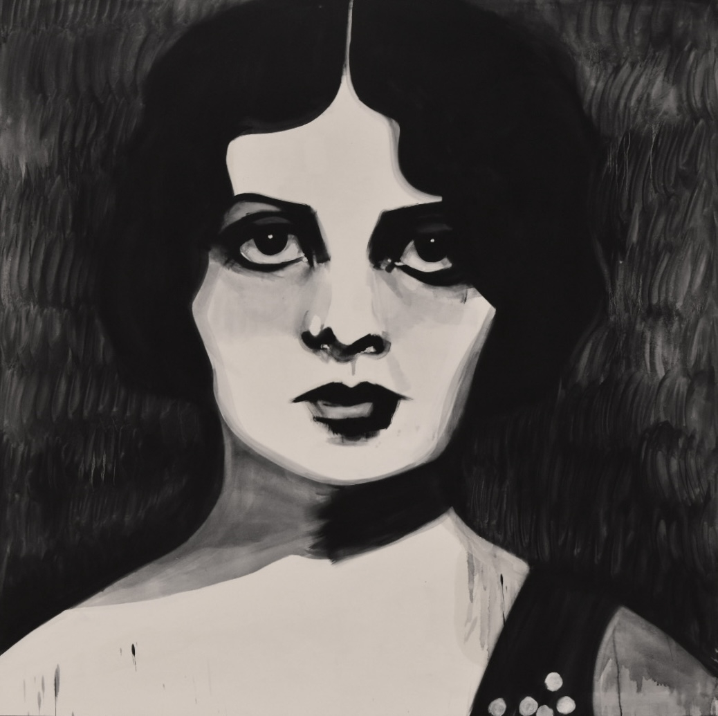 large, intense, staring painting of a woman, 1920's esque, black and white painting 