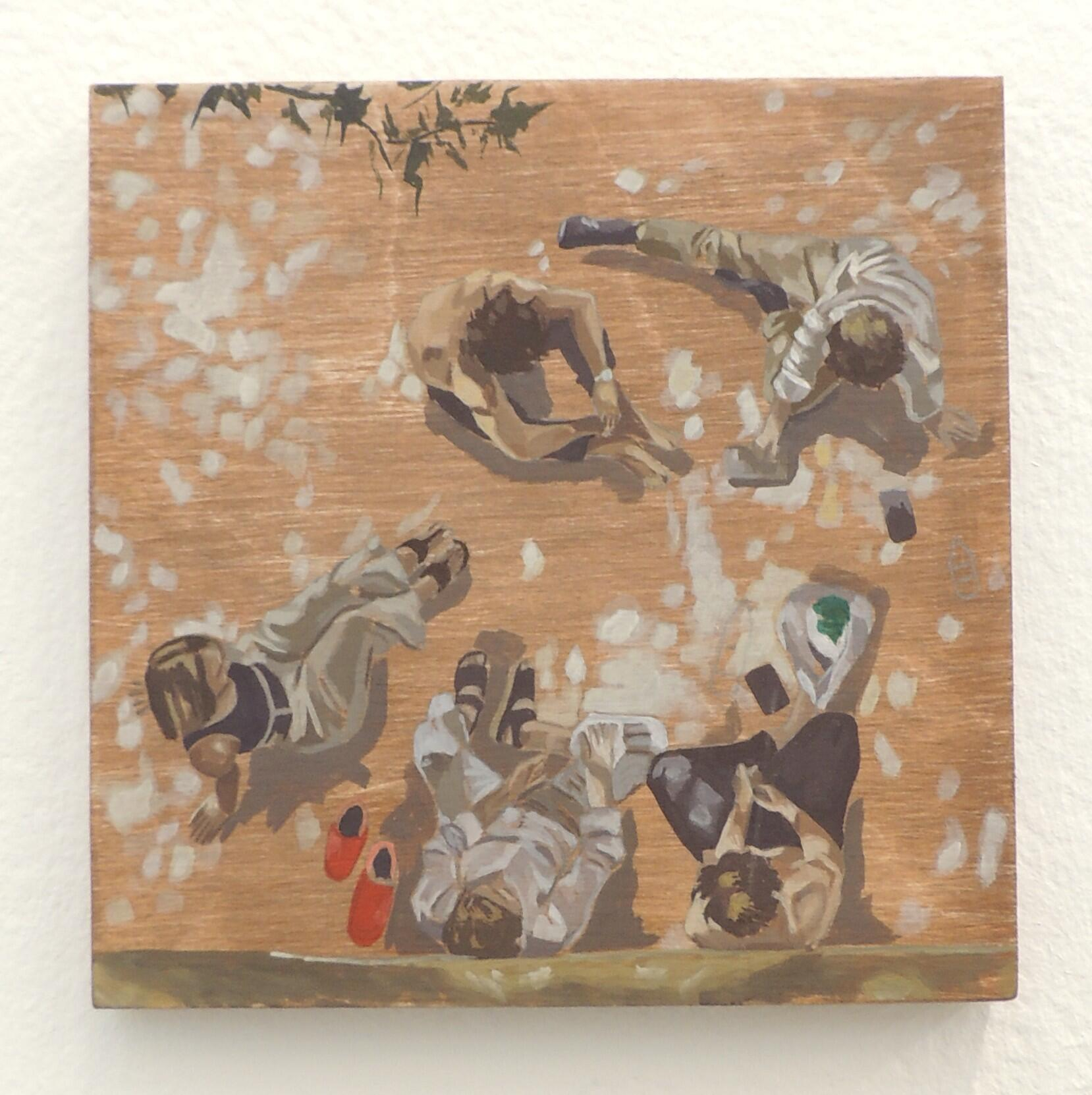 An image of a painting of a birds eye view of people sitting on the ground with shadows from the sun filtering through the trees above