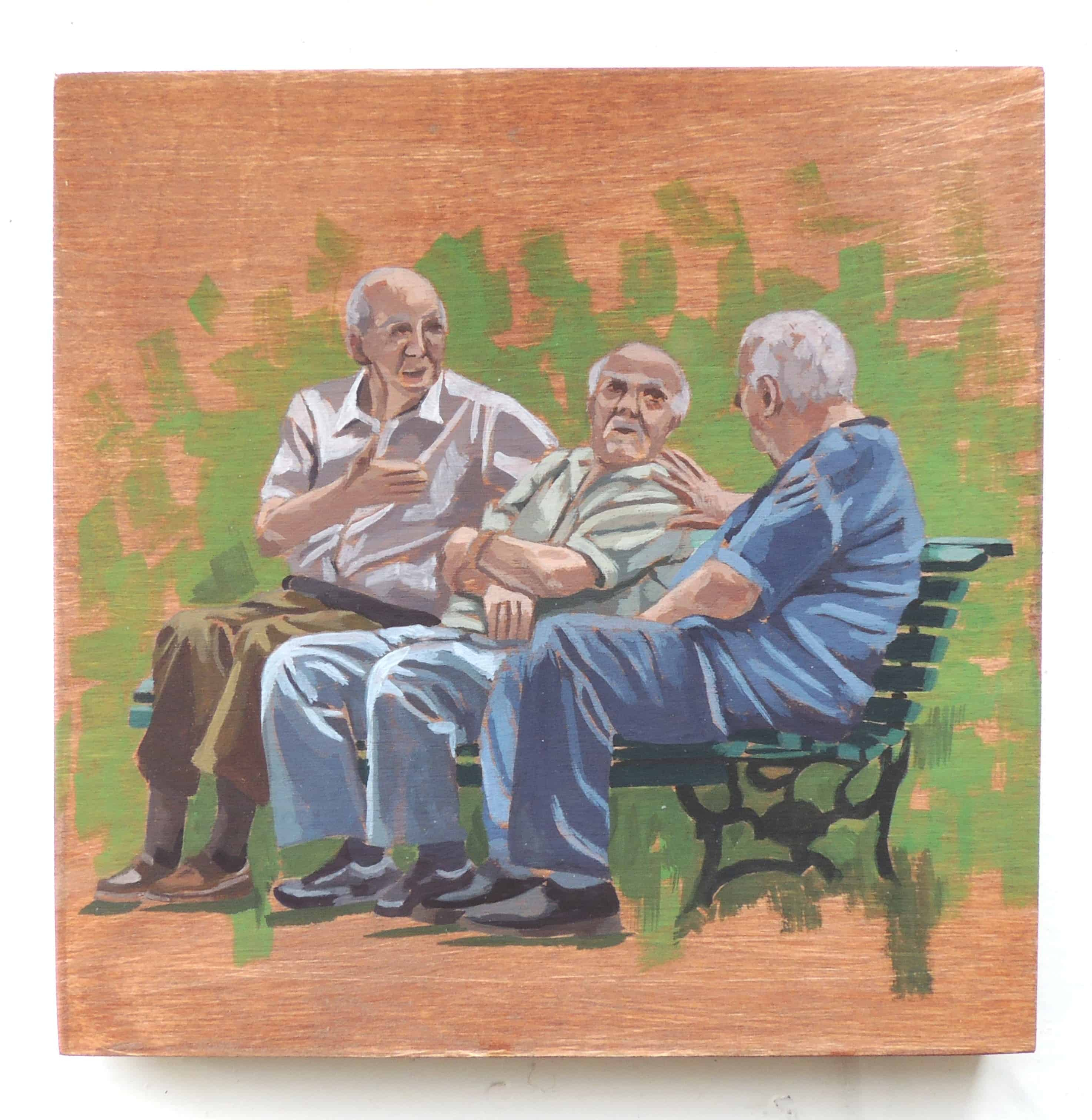 Image of a painting of 3 men in conversation on a park bench
