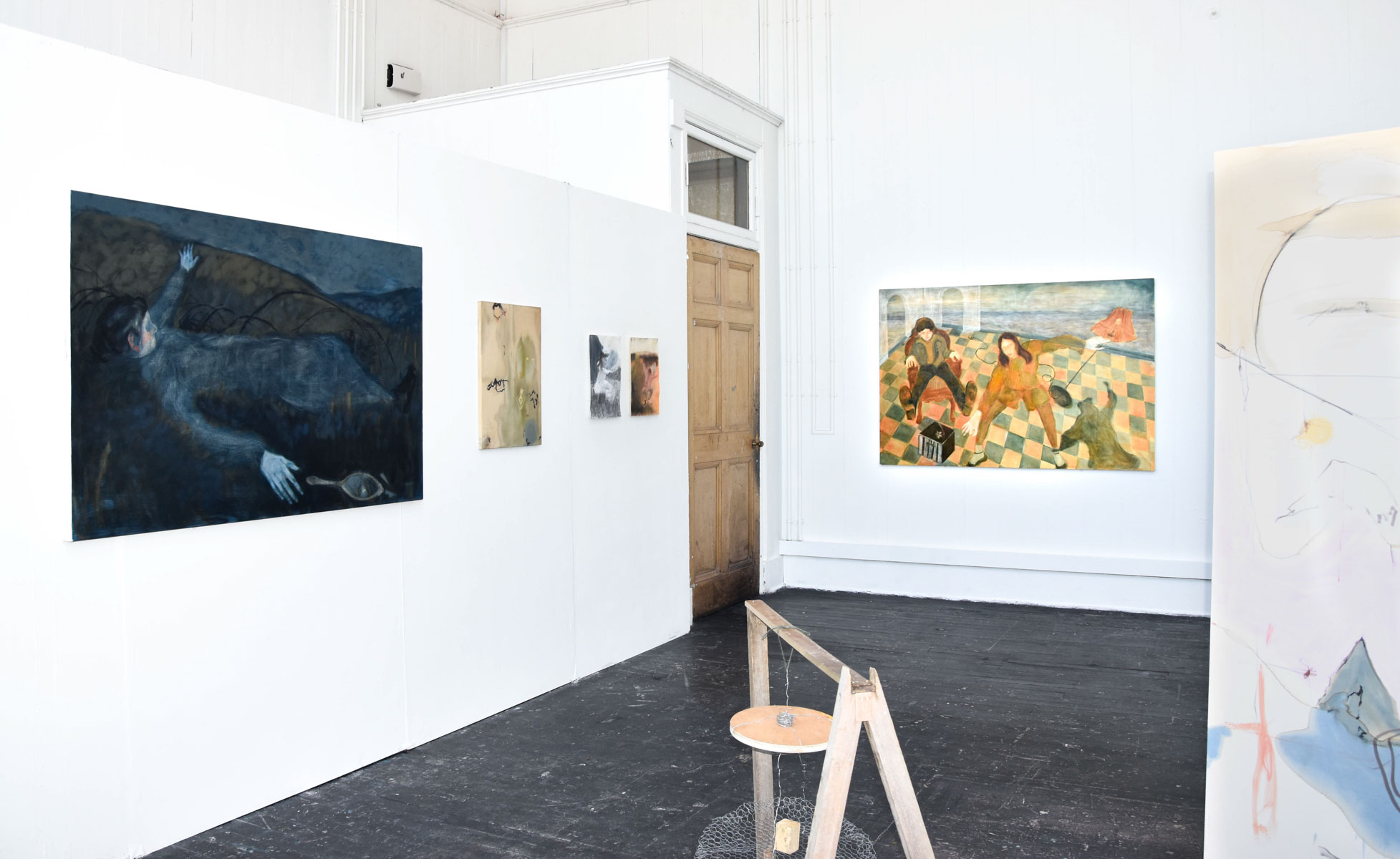 Installation view from the ECA Graduate Show, 2025 showing alongside Freya Glass's sculptural work and painting, and Ella Markell's painting