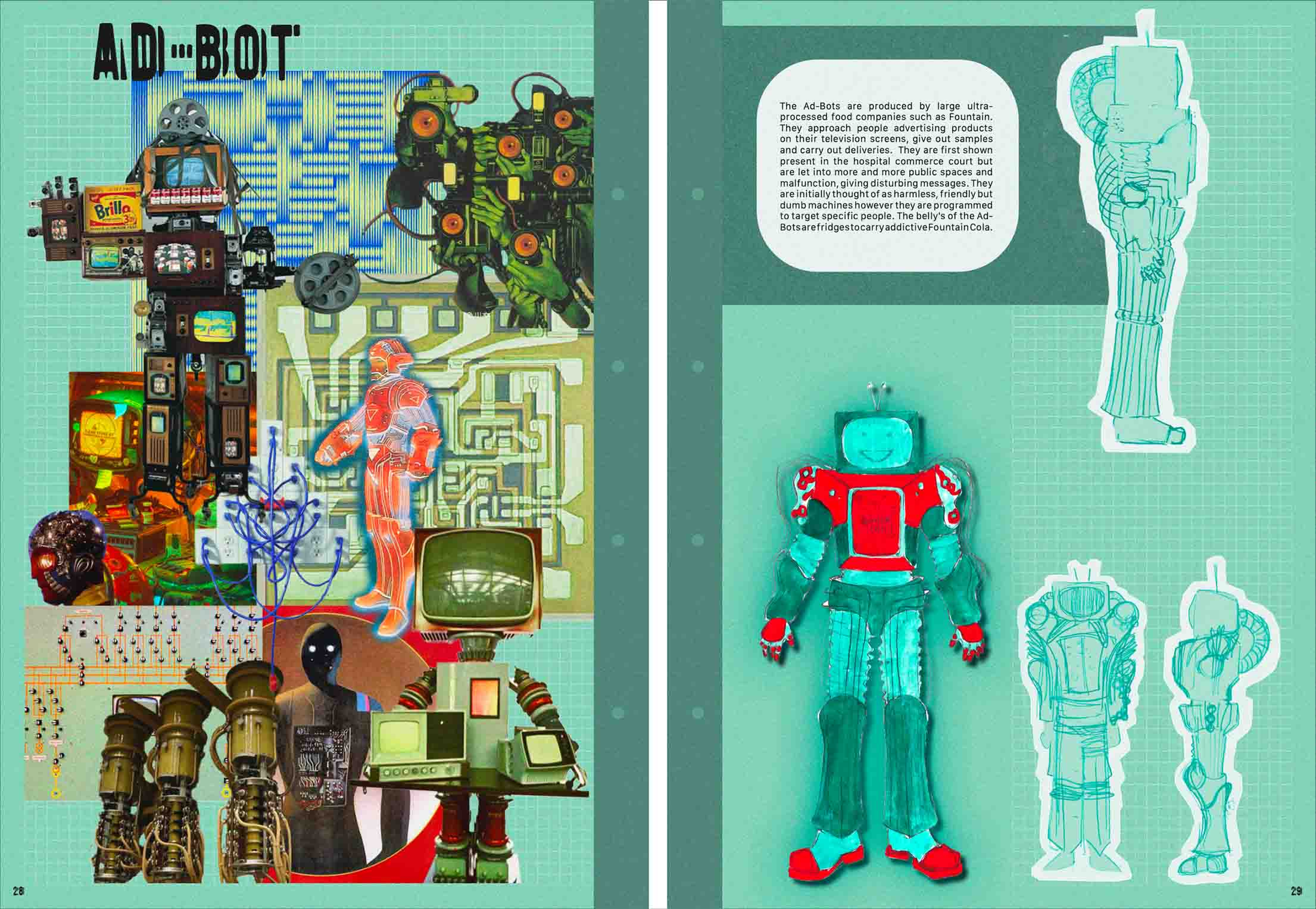 On the left is a moodboard of images of circuit boards and robots. On the right is sketches of robots.