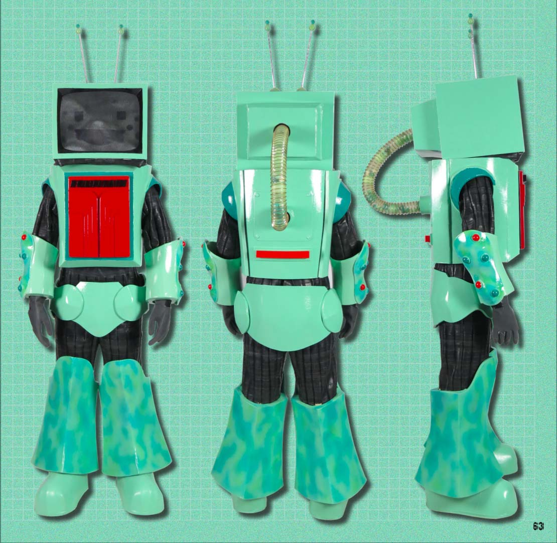 Three pictures of a mint green robot with a television head and red fridge tummy. One image is from the front, one from the back and one from the side.