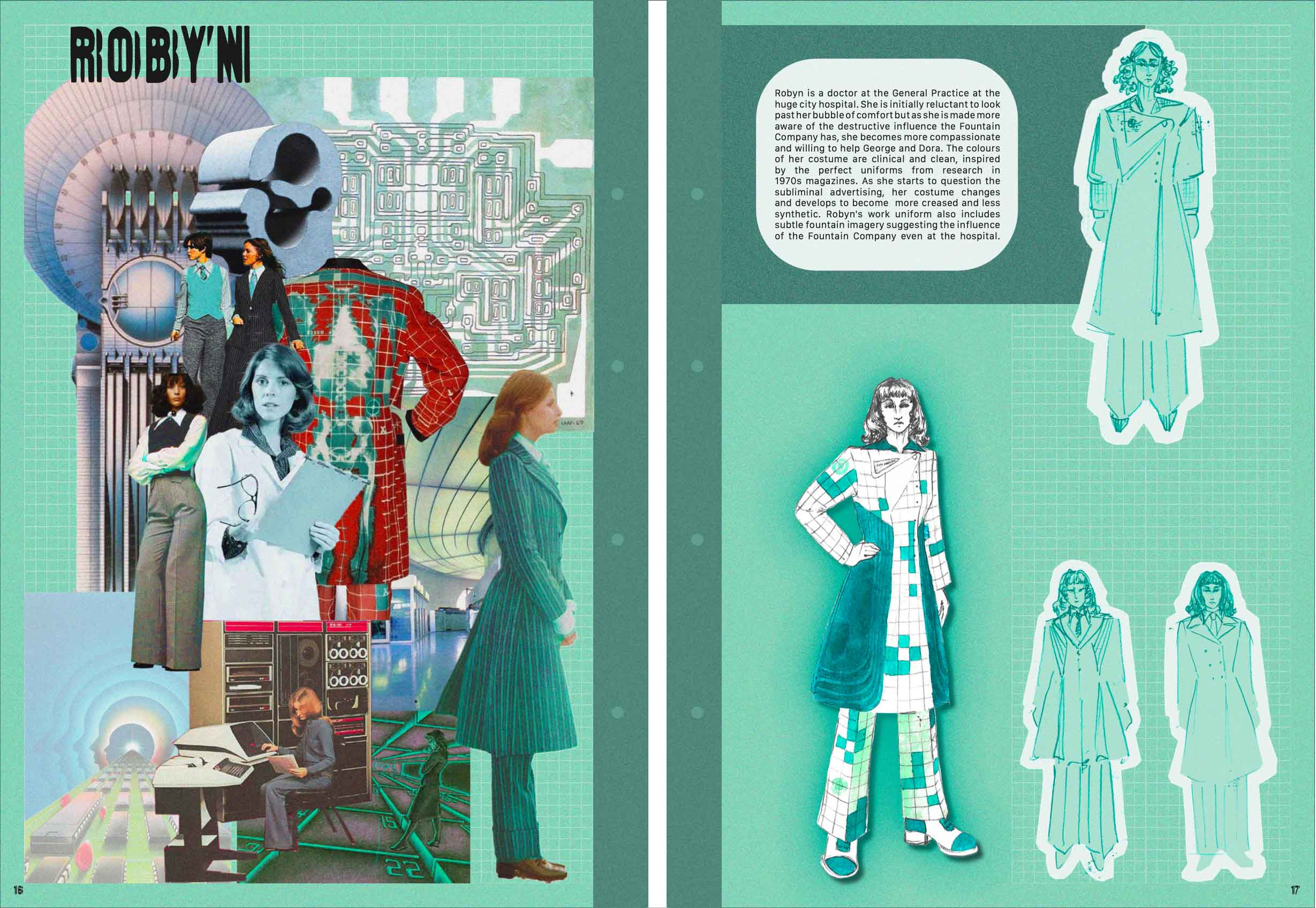 On the left a mood board of images of female doctors, women wearing 1970s suits and sci-fi hospitals.