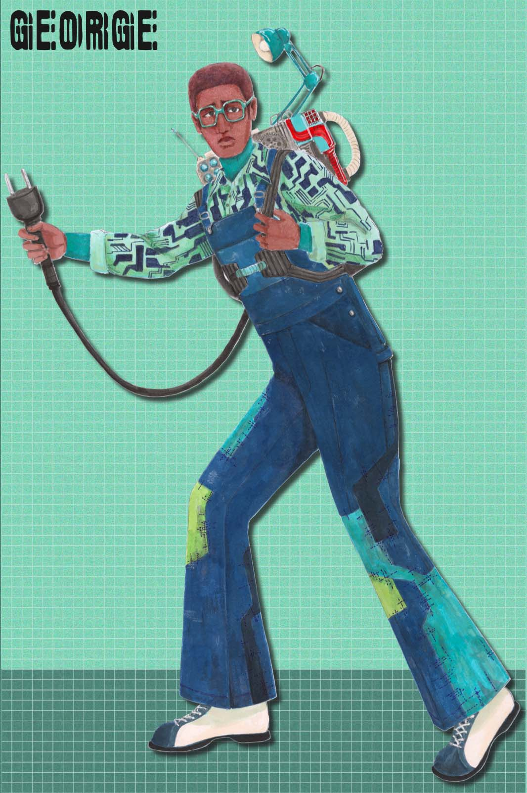 An ink illustration of a man wearing patchwork dungarees. He has a backpack on made of mechanical pieces and has a large plug coming from it which he is holding in his hand.