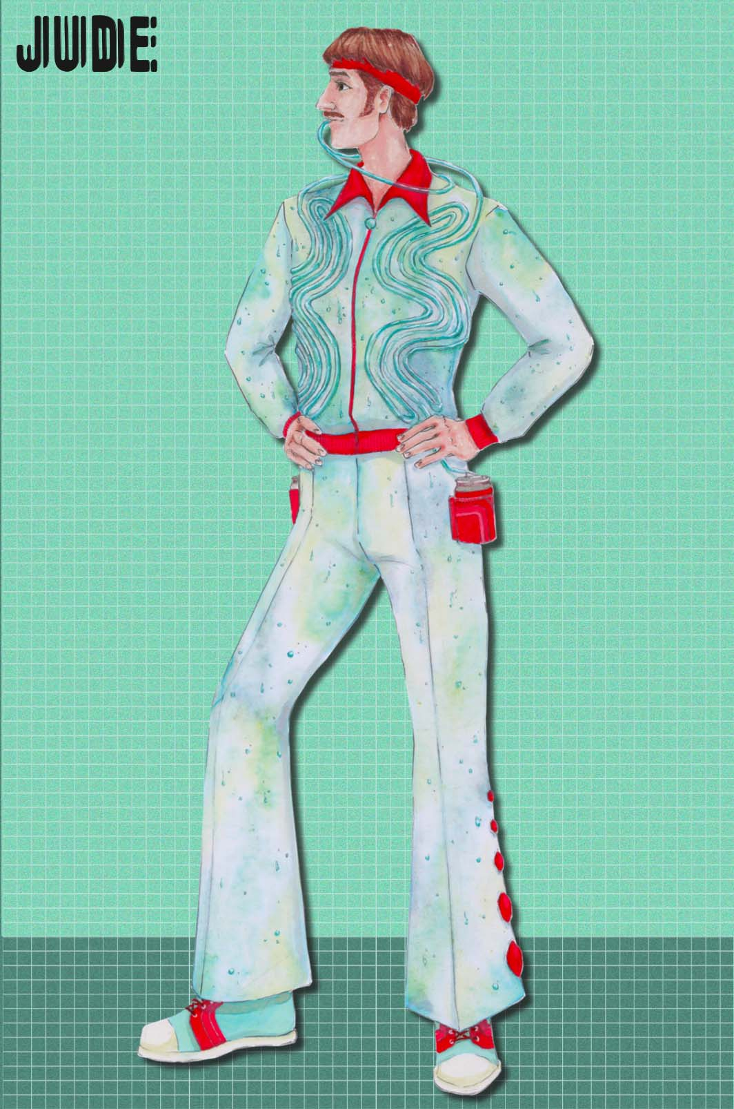 An ink illustration of a man wearing a tight fitting tracksuit. The top is covered in long curving straws that lead to side pockets that hold cans of cola.