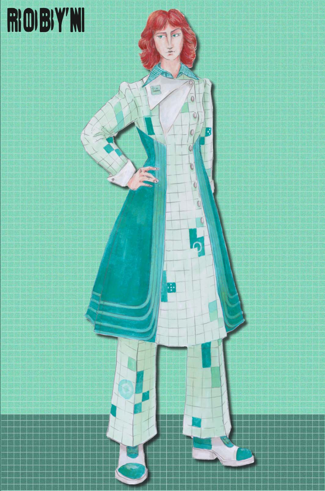 An ink illustration of a woman wearing a mint green and teal checked long coat and matching trouser doctor's suit.