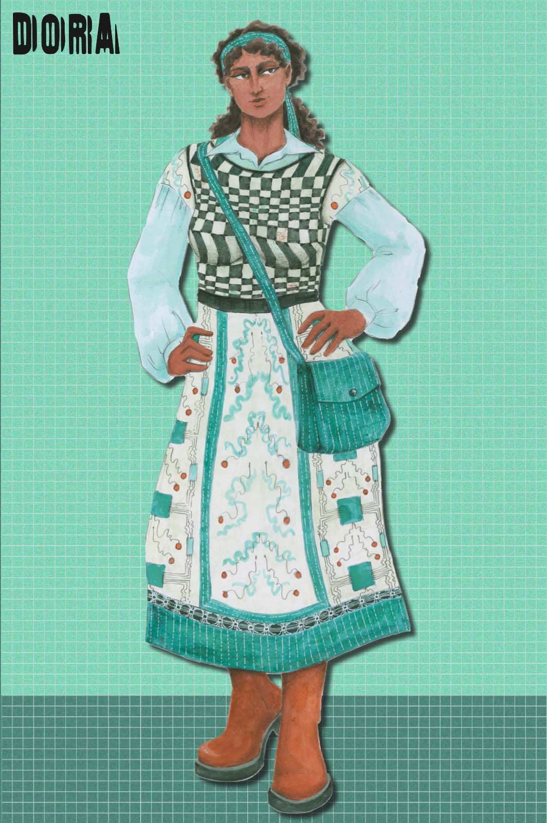 An ink illustration of a woman wearing a dress, shirt and knitted vest. The dress has a squiggly line print with tomatoes and the knitted vest is a black and white checked illusion pattern.
