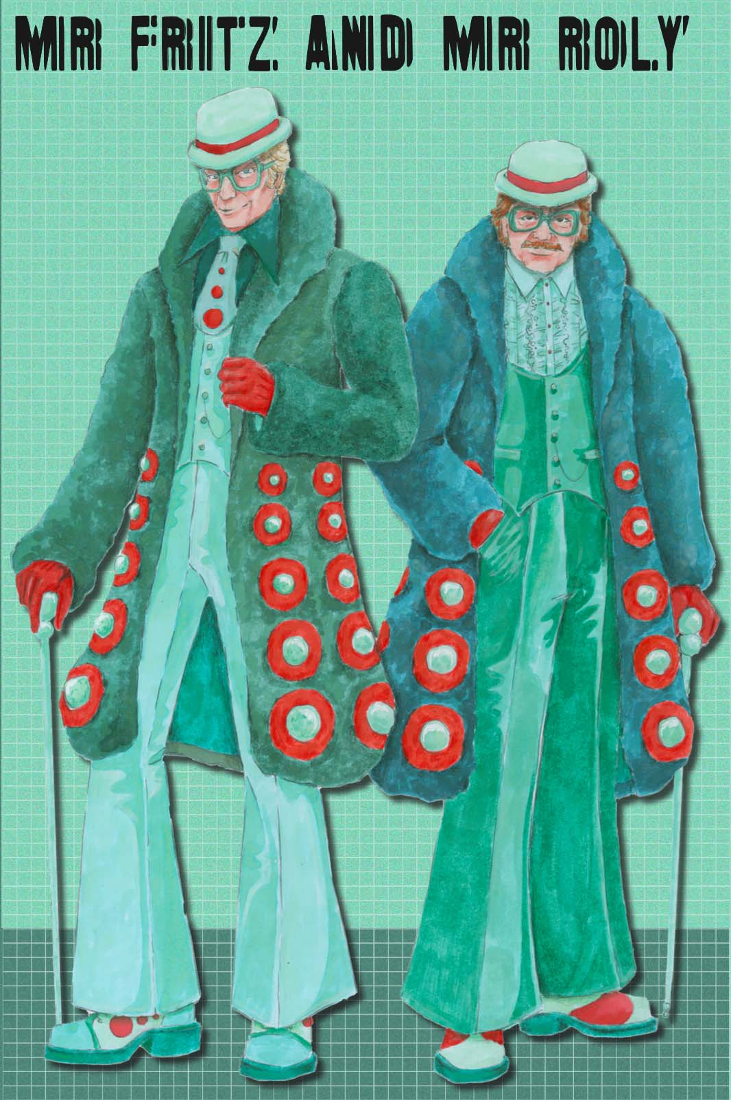 An ink illustration of two men wearing shiny plastic suits, one turquoise and one green. They are both wearing large fur coats, large 70s glasses, bowler hats and canes.
