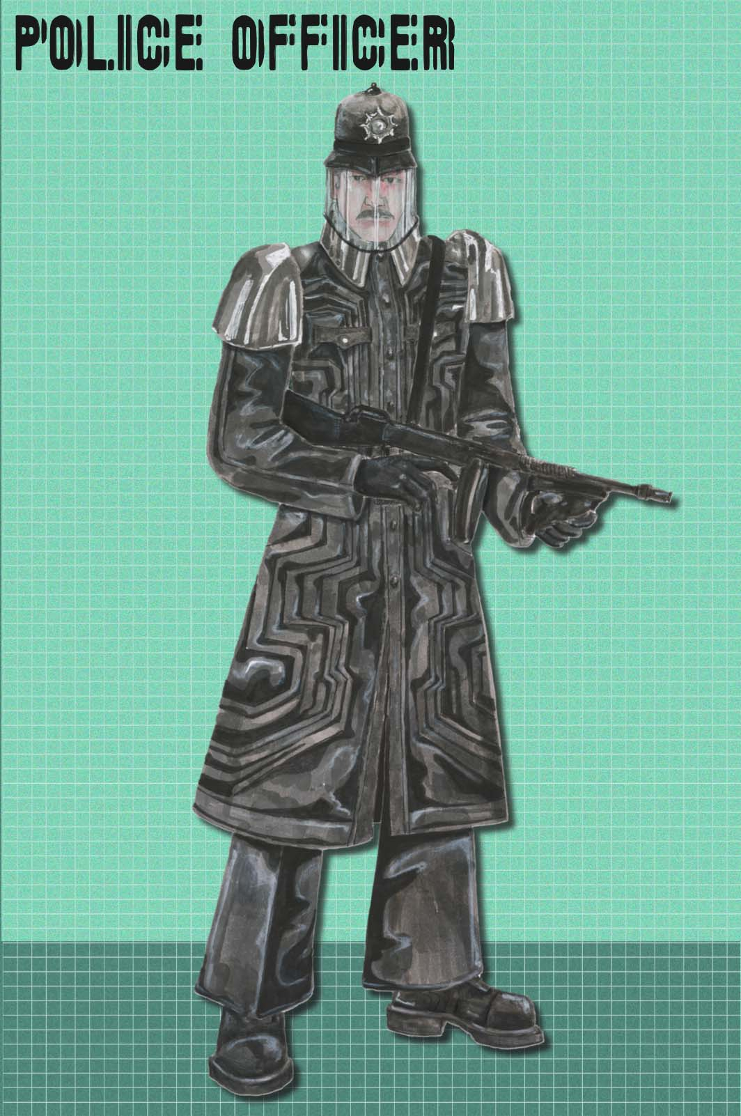 An ink illustration of a police officer in a long black shiny coat. He's wearing a helmet with a visor and carries a machine gun.