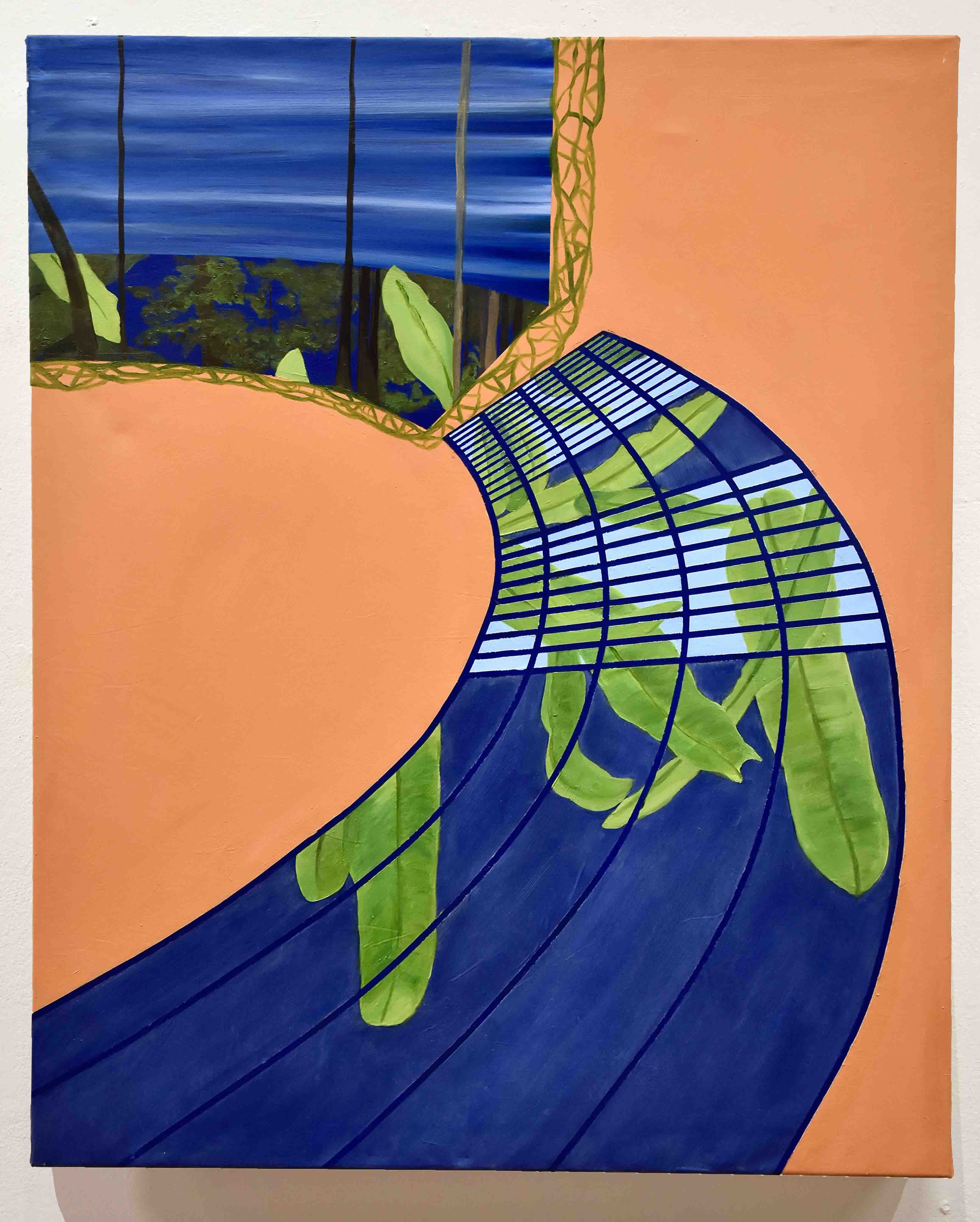 A sweeping blue pathway on an orange background, featuring glass architectural grids, broken by vibrant green leafs. In the top left, a suggestion of a forest emerges from the pathway on a streaky blue background.