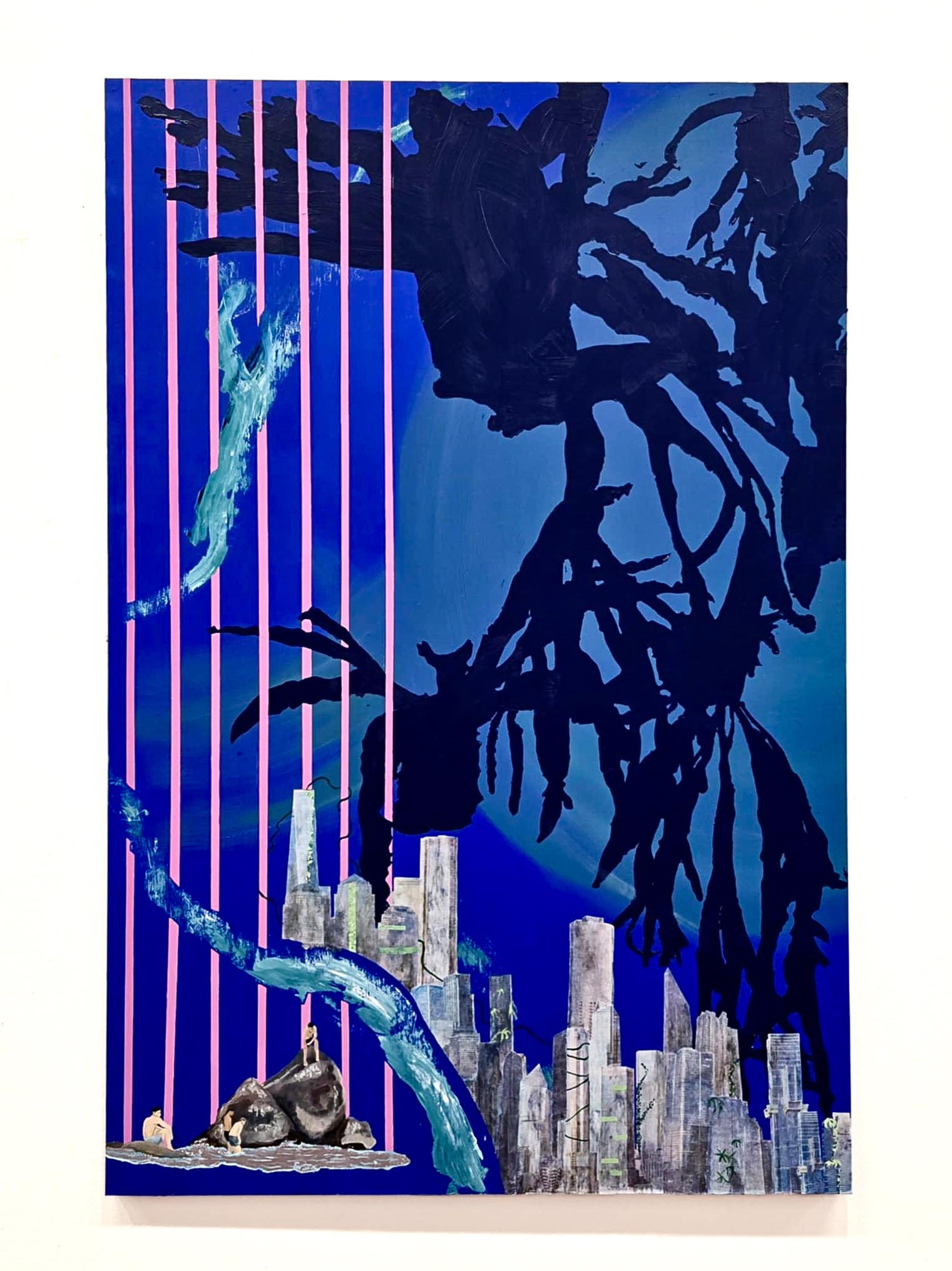 Vibrant blue background with dark blue shadow outline of organic forms. An abstract river runs down the left side of the painting interacting with pink structural lines. A small collaged city emerges from the bottom right of the painting. A small group of boys peer into a pool of water on the bottom left.