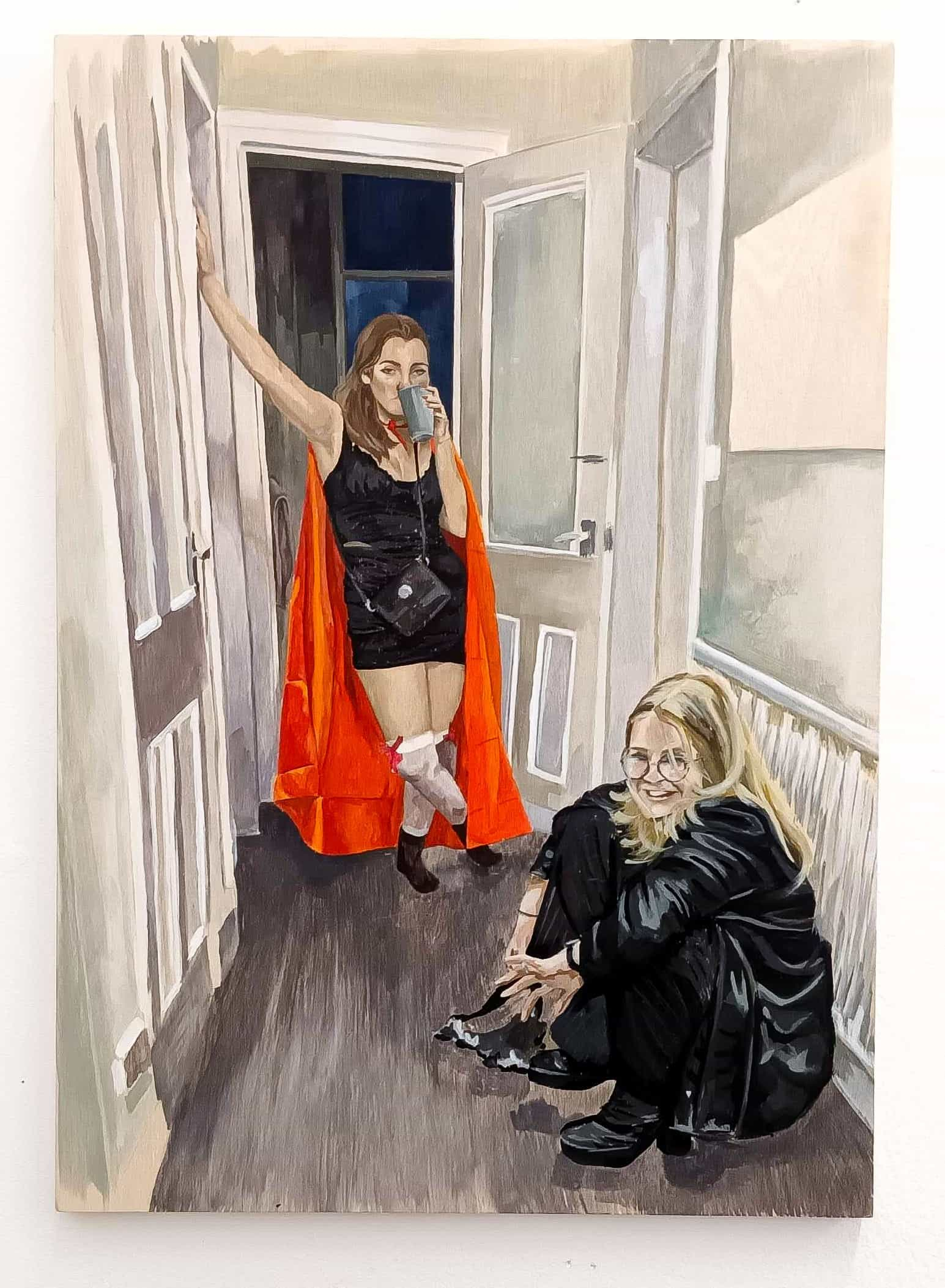 Image of a painting of 2 women in the hallway of a student flat