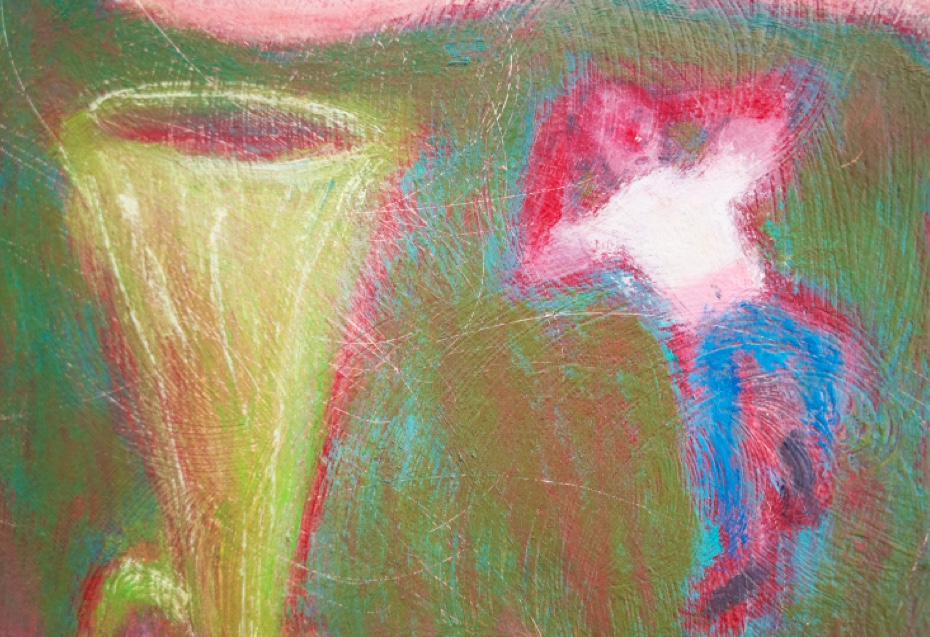 (Graduate Show Installation View) Detail of 'The Proclamation Of The Feast', Oil Paint on Calico & Steel Frame, 15cm x 30cm, 2025, Alex Howey