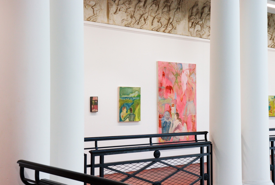 (Graduate Show Installation View) (Left to Right) 'The Proclamation Of The Feast', 'War Cry', 'Hanging On The Limb Of A Tree', Oil Paint on Calico, Steel, 2025, Alex Howey