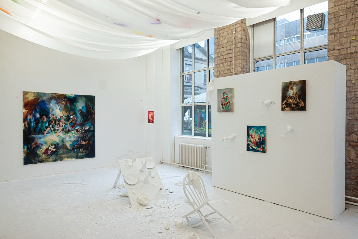 Summerhall all white installation colorful paintings
