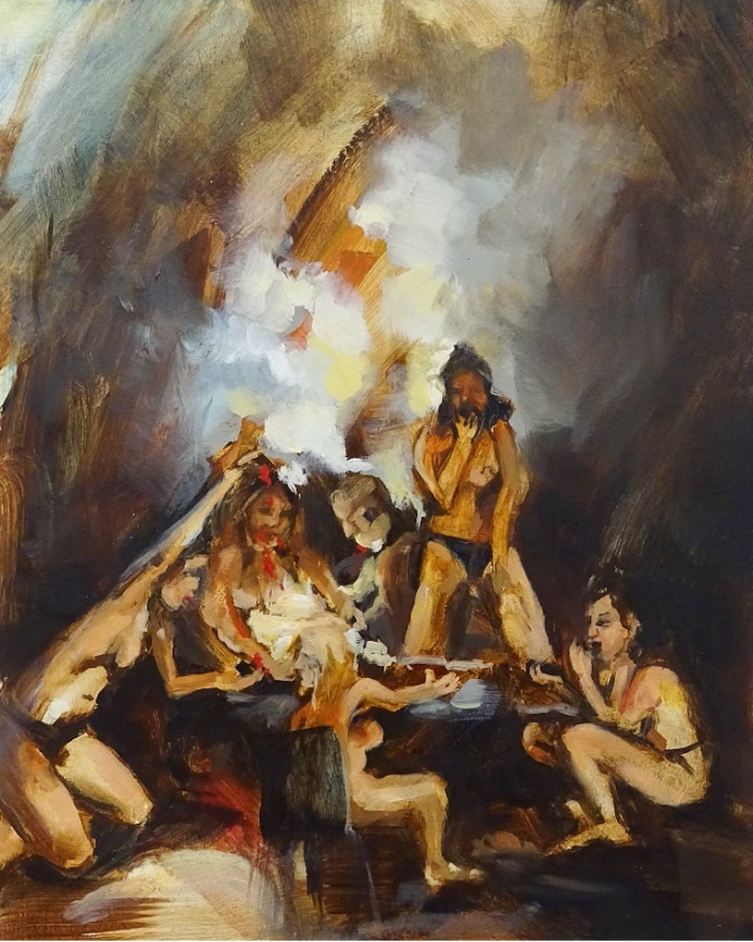 Women crouched round a fire w