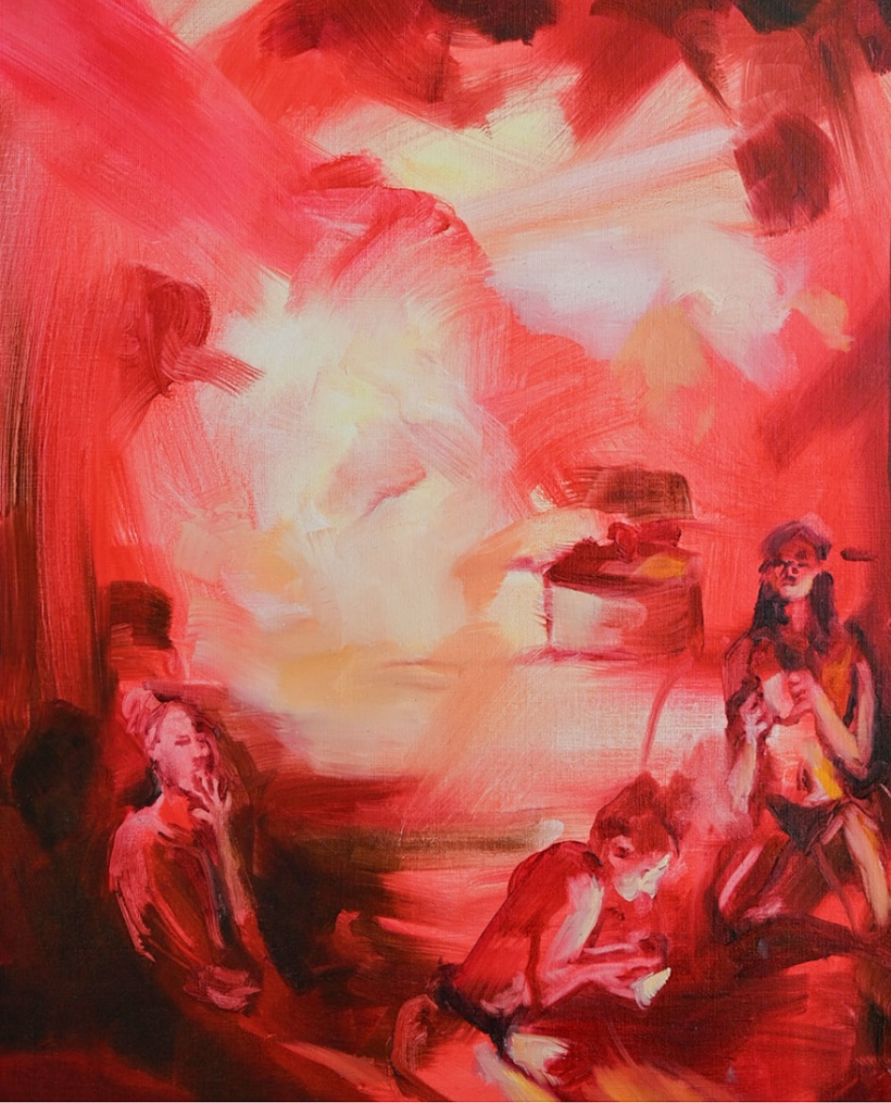 red painting with girls eating