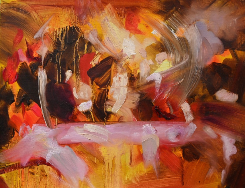 Yellow painting with red and brown swirls