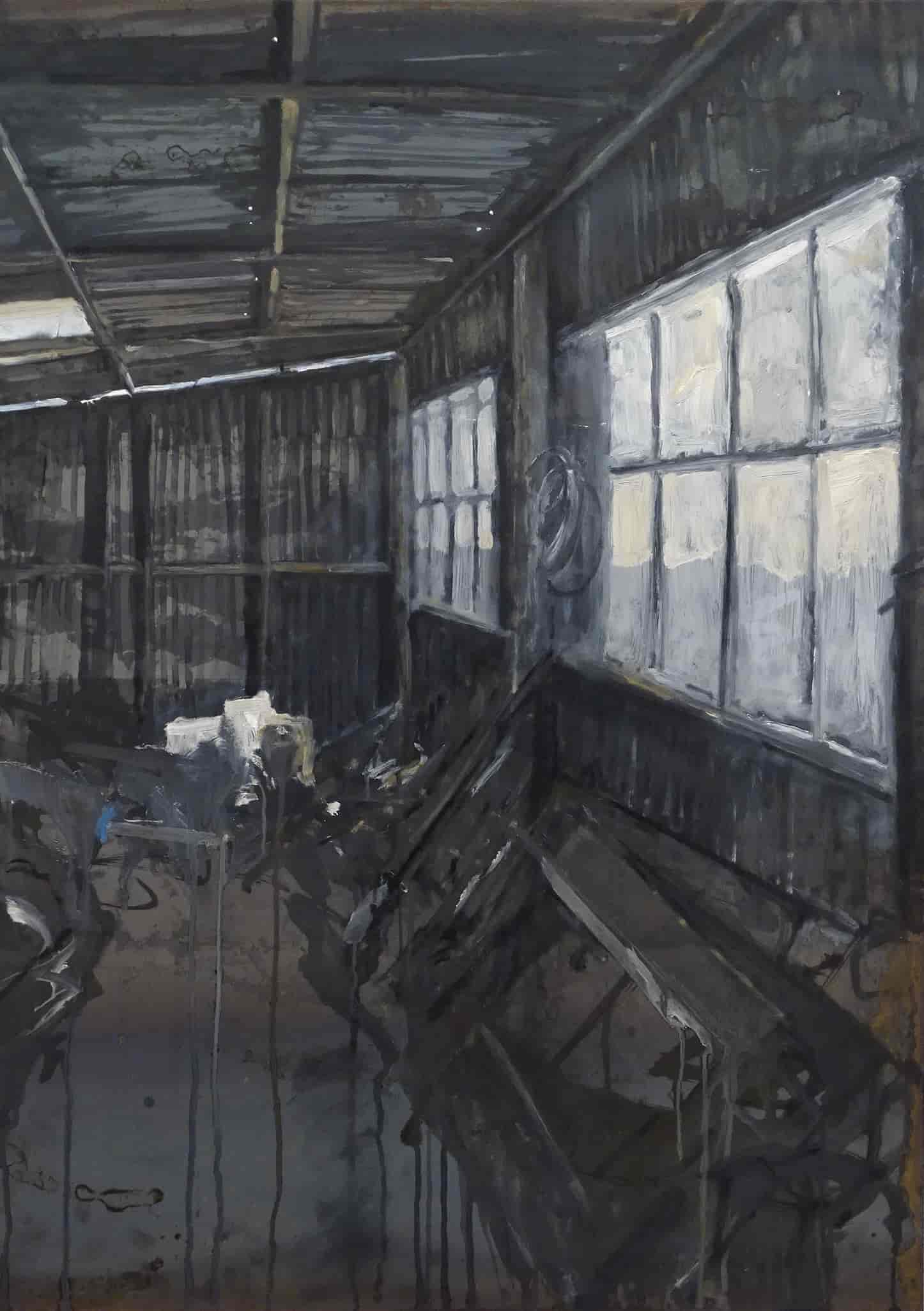 The shed, oil on steel, oil on steel, 100 x 75cm 