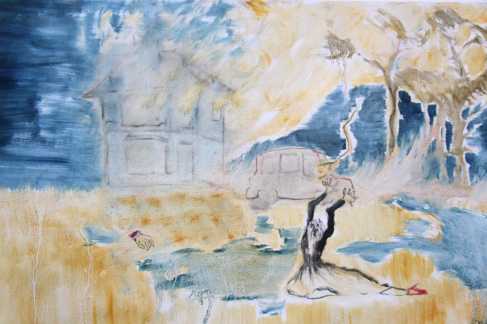 Closeup of 'Faretheewell', 50cm x 200cm, Oil paint and Charcoal on Calico, 2024, Image: Alex Howey