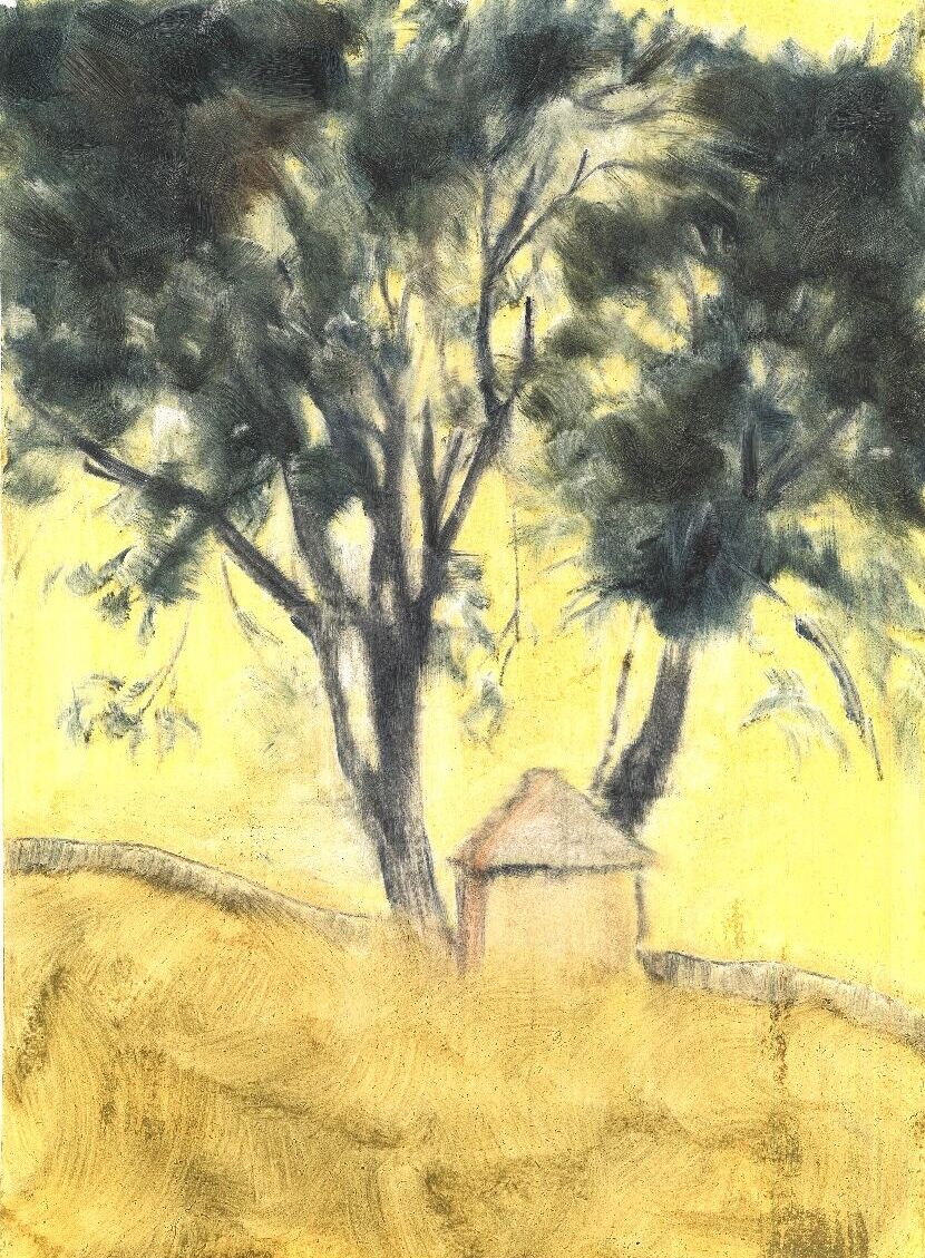 yellow sky, yew trees, small building