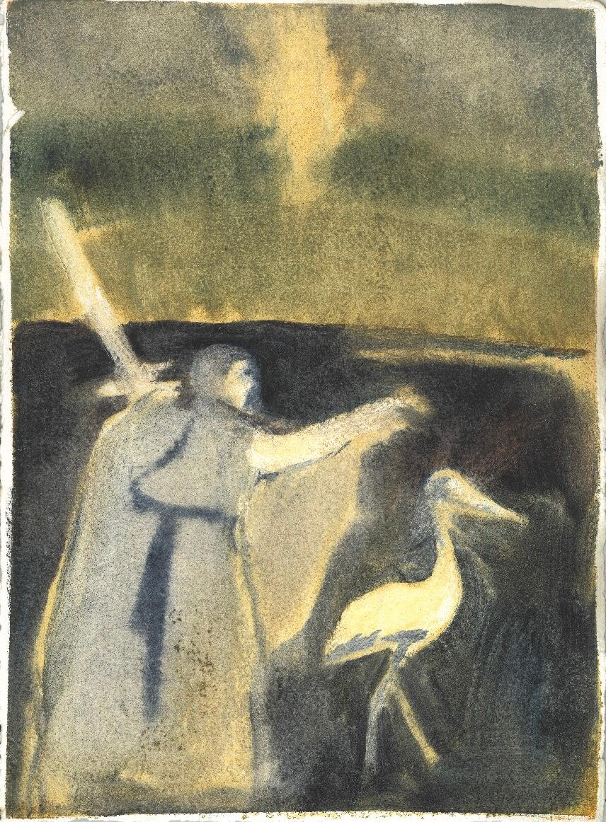 figure with sword and pelican in an imagined landscape