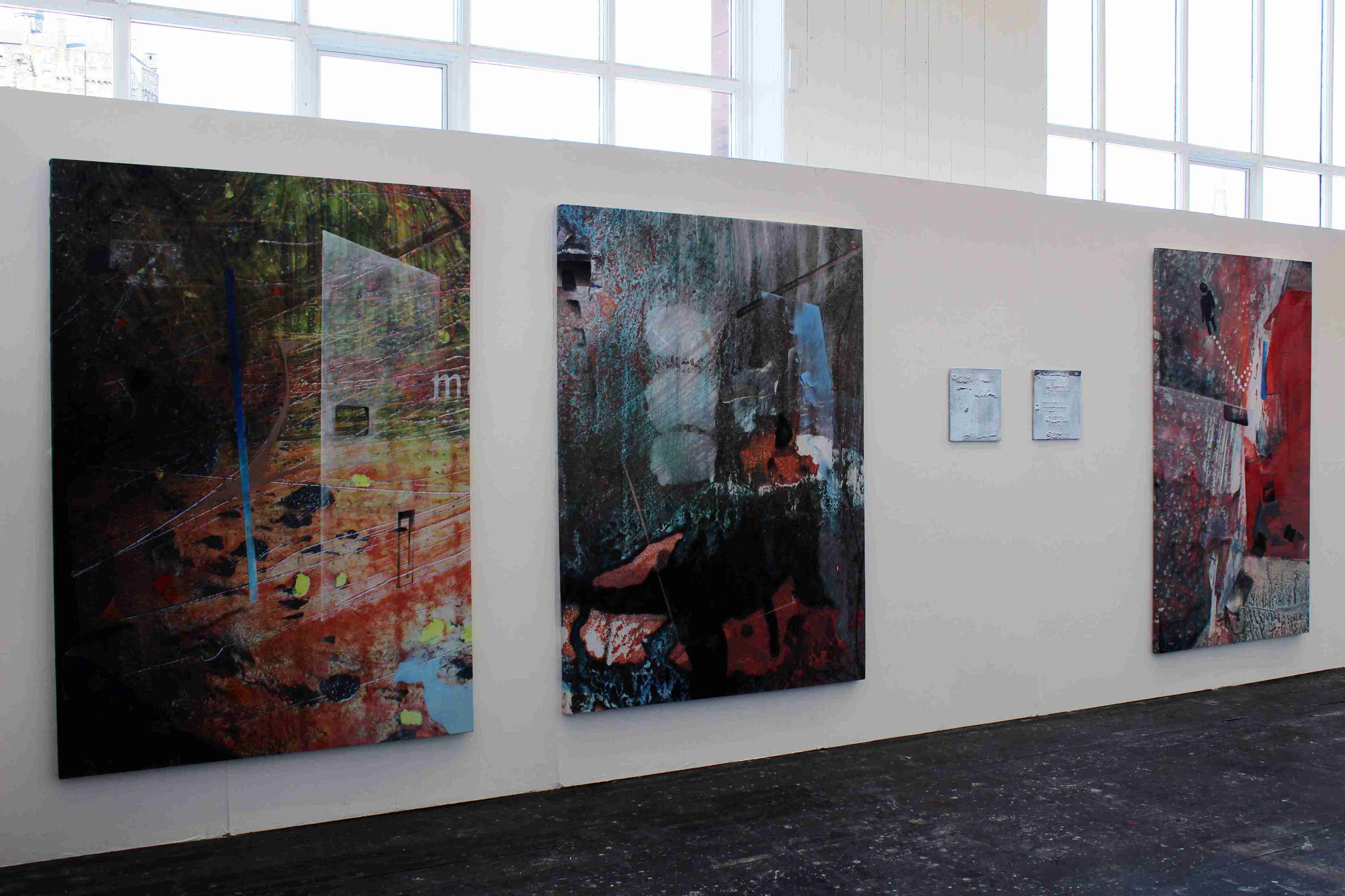 3 Large printed paintings split with two small metal paintings