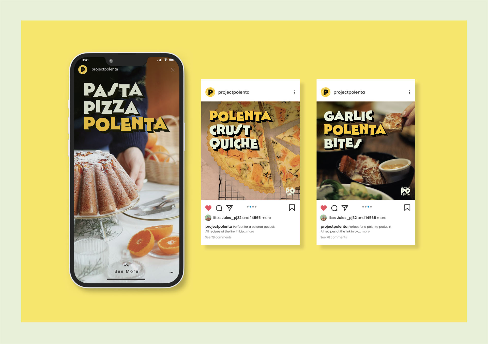 Instagram story and grid posts with 'Pasta Pizza Polenta' slogan.