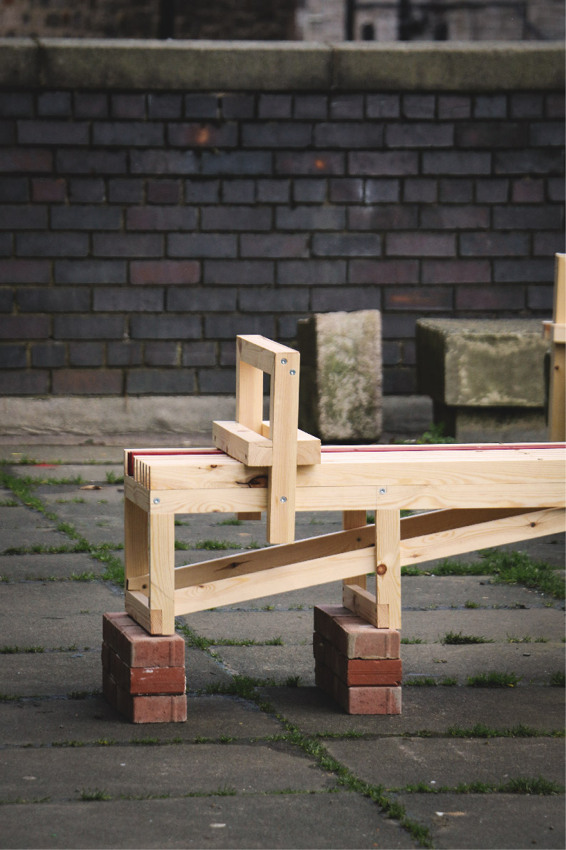 Bollard Bench Live build Project Details, Co-designed and built with Bingzhi Li and Joshua Howard. Photo: Bingzhi Li.