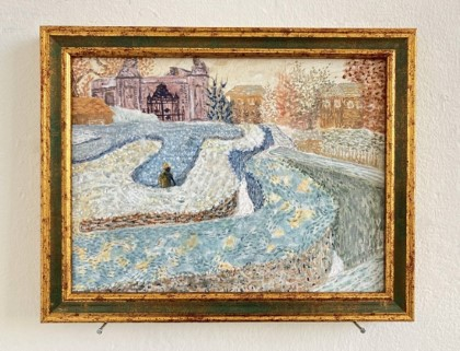 A patterned maze with an unknown figure lurking in the frosty garden.