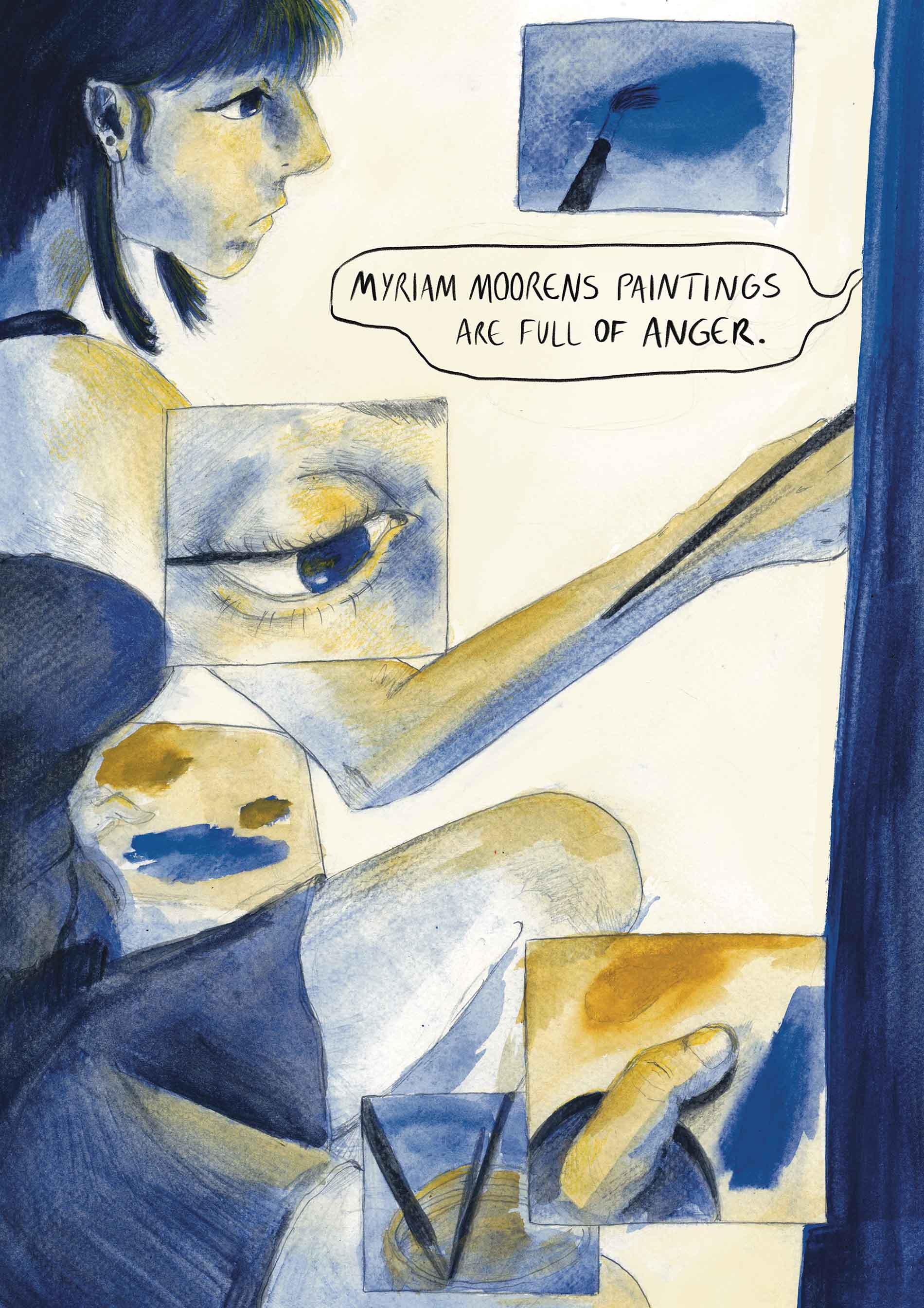 "Myriam" is my graphic novel-in-progress, following a young painter, Myriam.  Upon the opening of her first solo exhibition, young artist Myriam watches in dread as a woman drops dead beneath a painting that looks errily like her. As coincidences pile up, Myriam is forced to confront the possibility that her beloved art may be the cause.