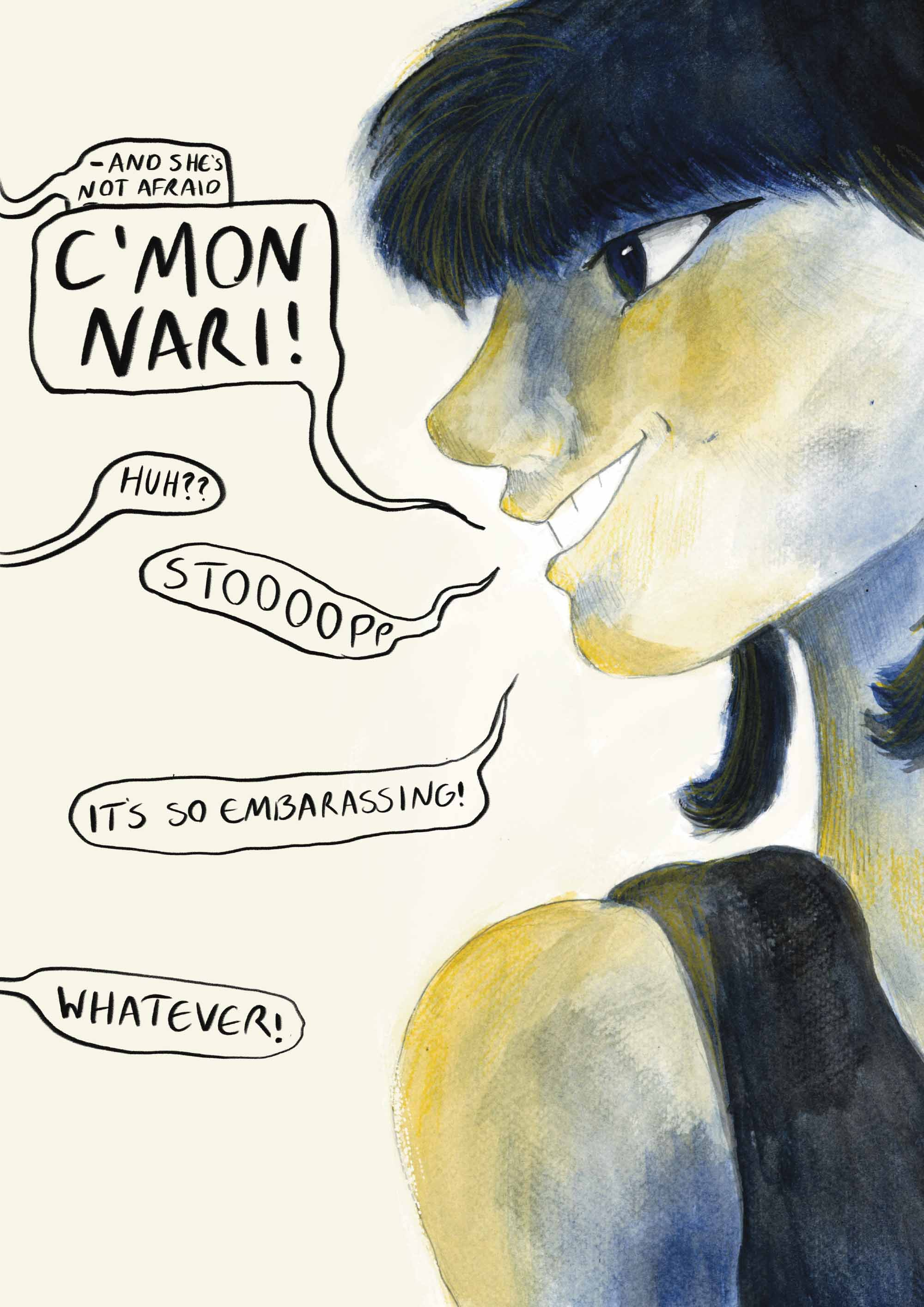 "Myriam" is my graphic novel-in-progress, following a young painter, Myriam.  Upon the opening of her first solo exhibition, young artist Myriam watches in dread as a woman drops dead beneath a painting that looks errily like her. As coincidences pile up, Myriam is forced to confront the possibility that her beloved art may be the cause.