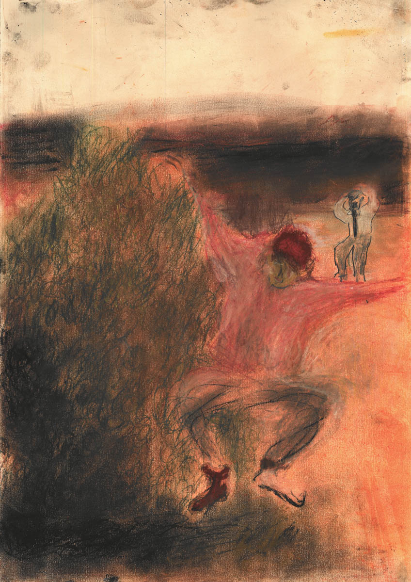 Boy jumping from bush in fiery landscape. Man in suit in distance putting hands to head, watching the boy  in dispair.